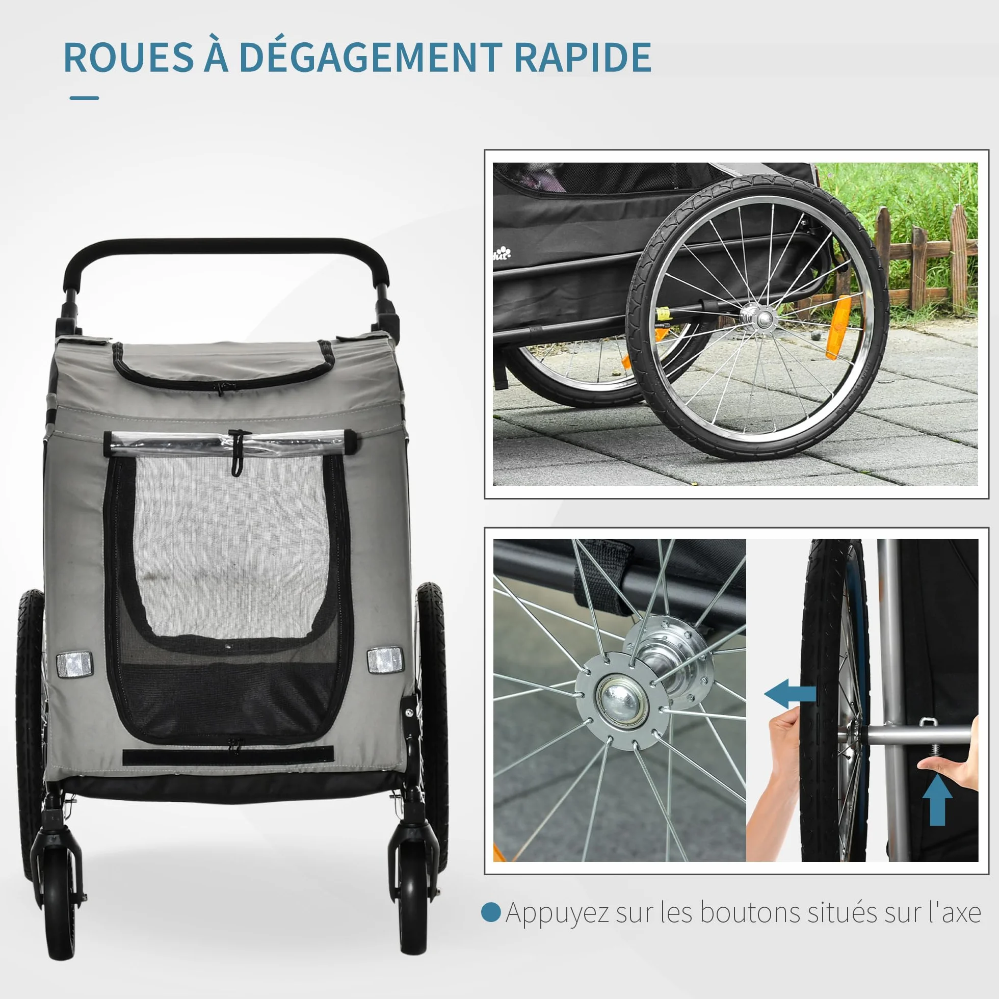 PawHut Remorque à vélo pour Chien Convertible Jogger 2 en 1 avec Drapeau réflecteurs