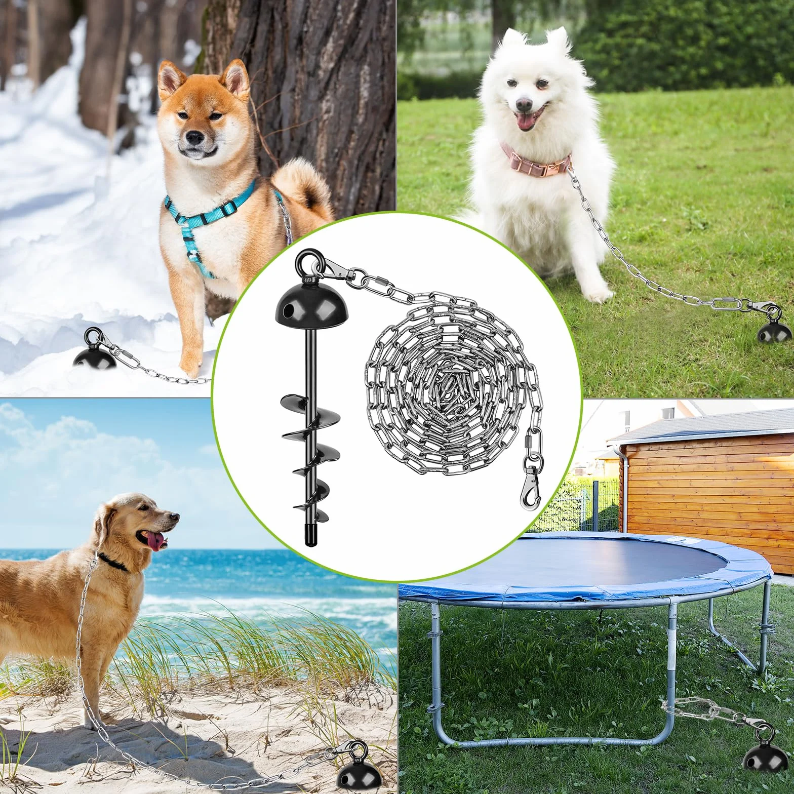 Laisse Chien Chaîne 15FT Anti-Rouille Acier Inoxydable Rotatif 360° Piquet d'attache pour Chiens