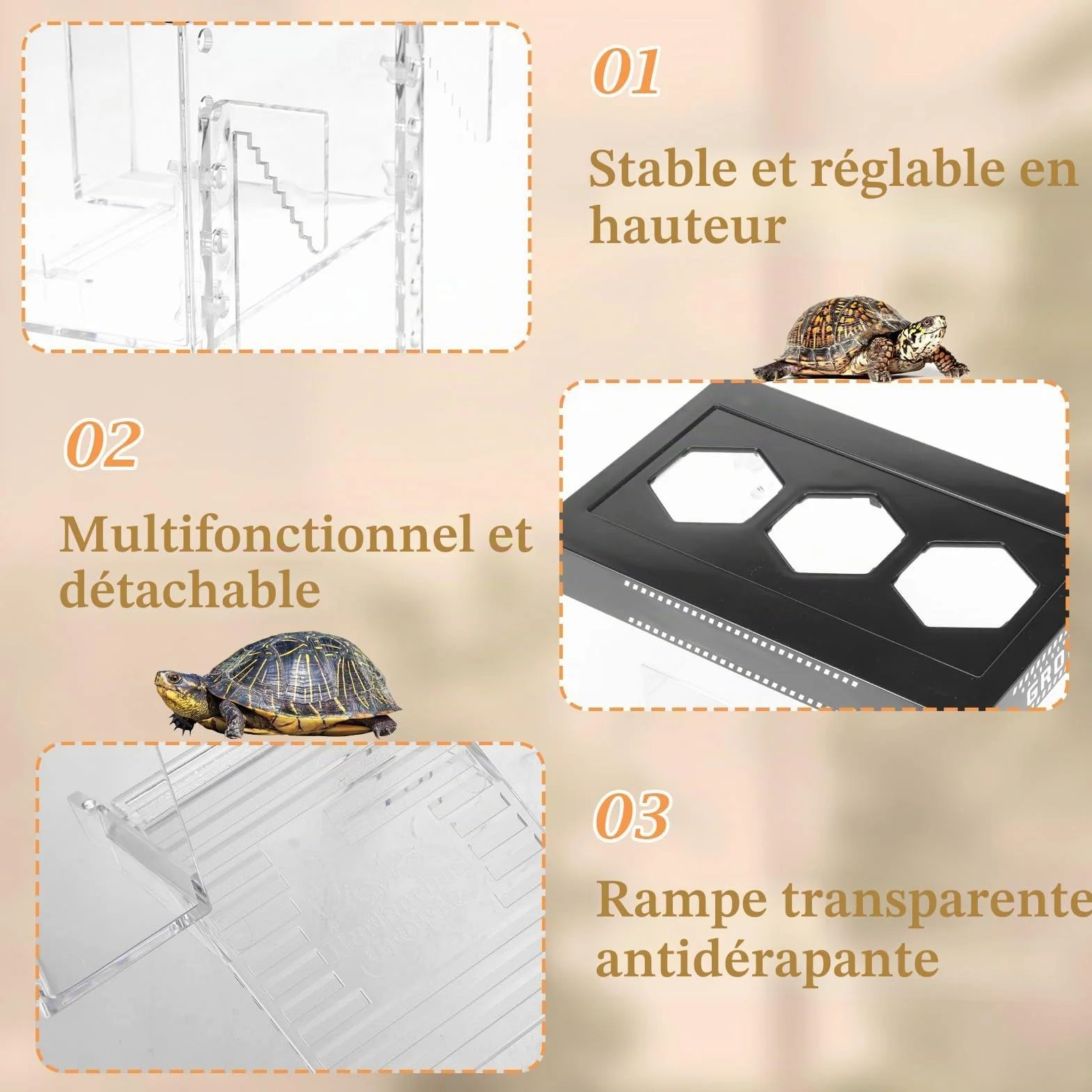 Plateforme de repos suspendue pour tortues à hauteur réglable 25×16×16 cm PC transparent enclos aquarium