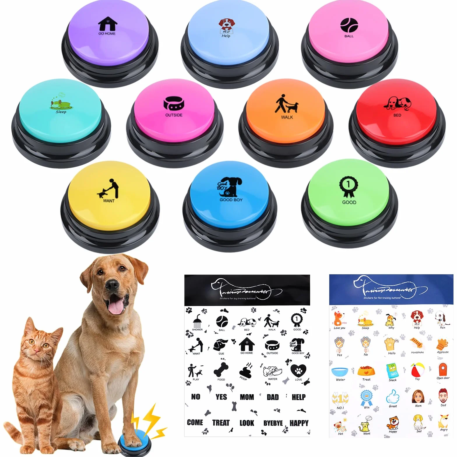 Buzzer Chien, Lot de 10 Boutons de Communication pour Chien, avec 2 Autocollants, Buzzer Enregistrable pour Interagir avec Les Chiens