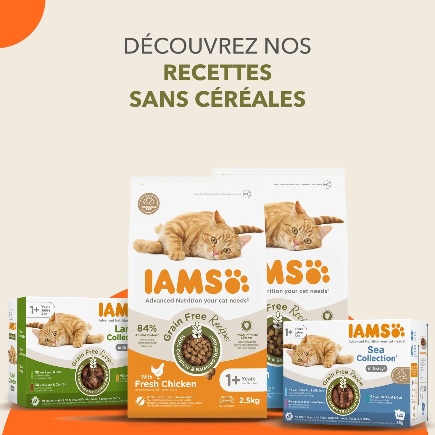 IAMS Delights Land Collection Nourriture Humide pour Chat sans céréales – Multipack avec Viande, variétés en Sauce, Nourriture Humide sans céréales pour Chats à partir de 1 an, 12 x 85 g