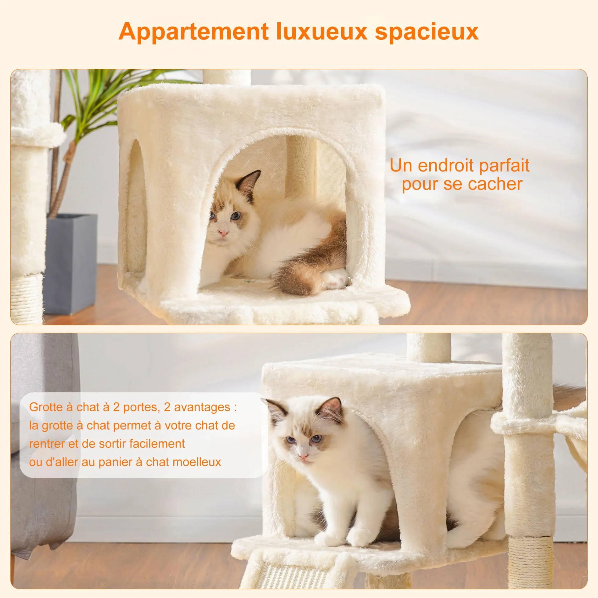 Heybly Arbre à Chat, Brosse de Nettoyage Automatique, Arbre à Chat Domestique Robuste avec Peluche Polie, Chaise Longue, Bac à Litière avec Panneaux et Griffoir, Beige HCT005SM