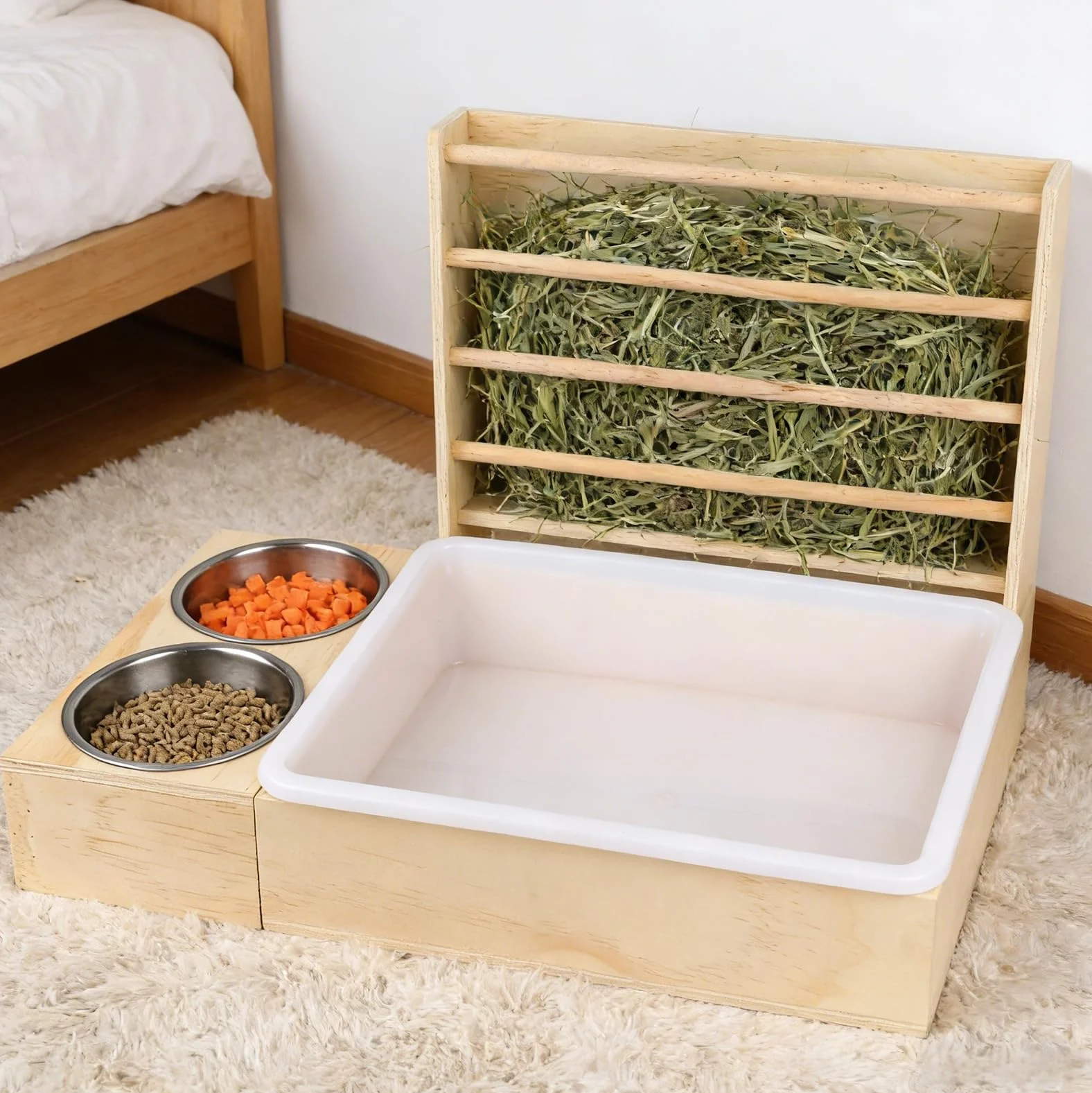 Mangeoire à foin 3 en 1 pour lapin - Station d'alimentation en bois avec bac à litière et bols - Distributeur pour cochon d'Inde, hamster, chinchilla