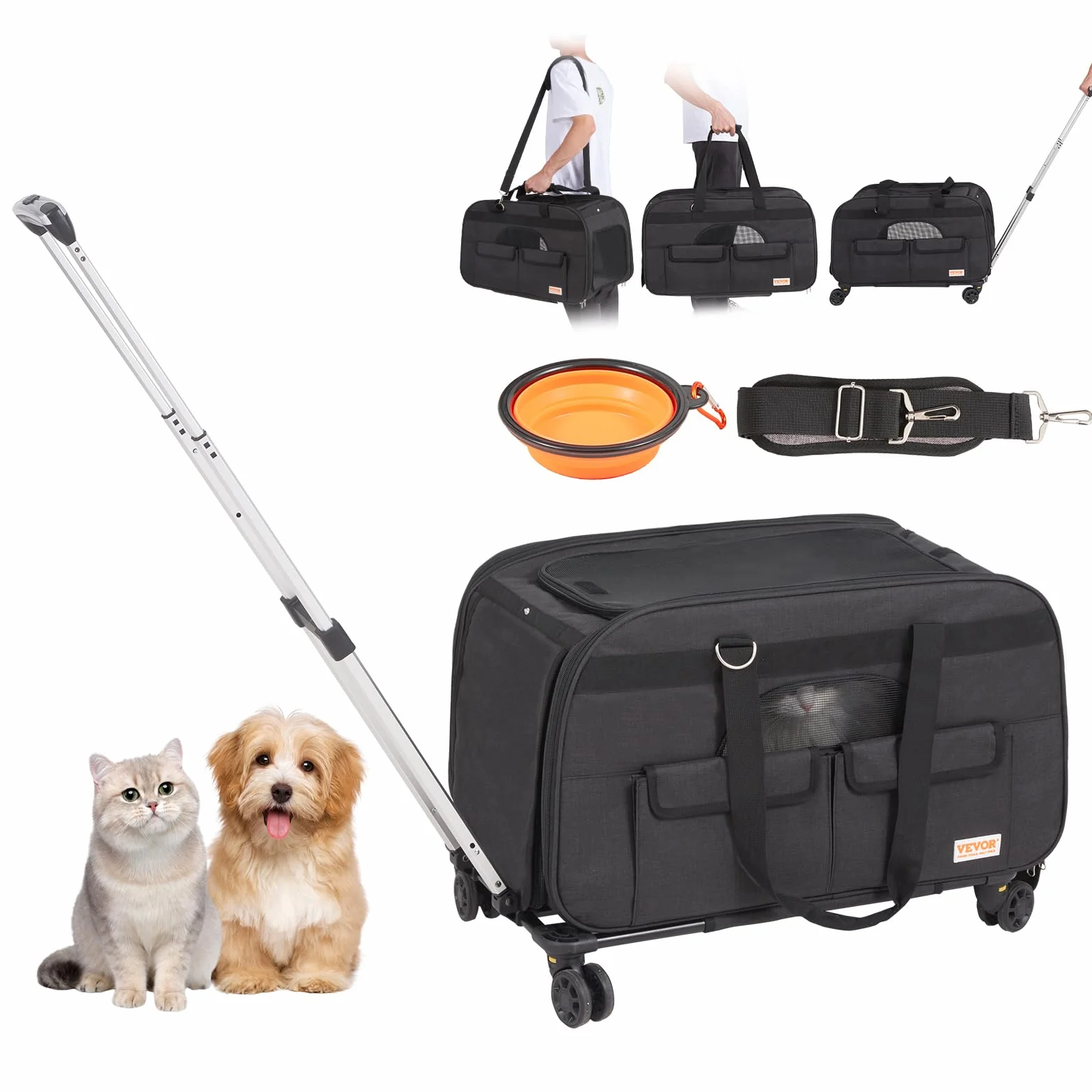 VEVOR Sac à Roulettes pour Chat Chien 15,8 kg Sac de Transport Animaux Poignée Télescopique Noir