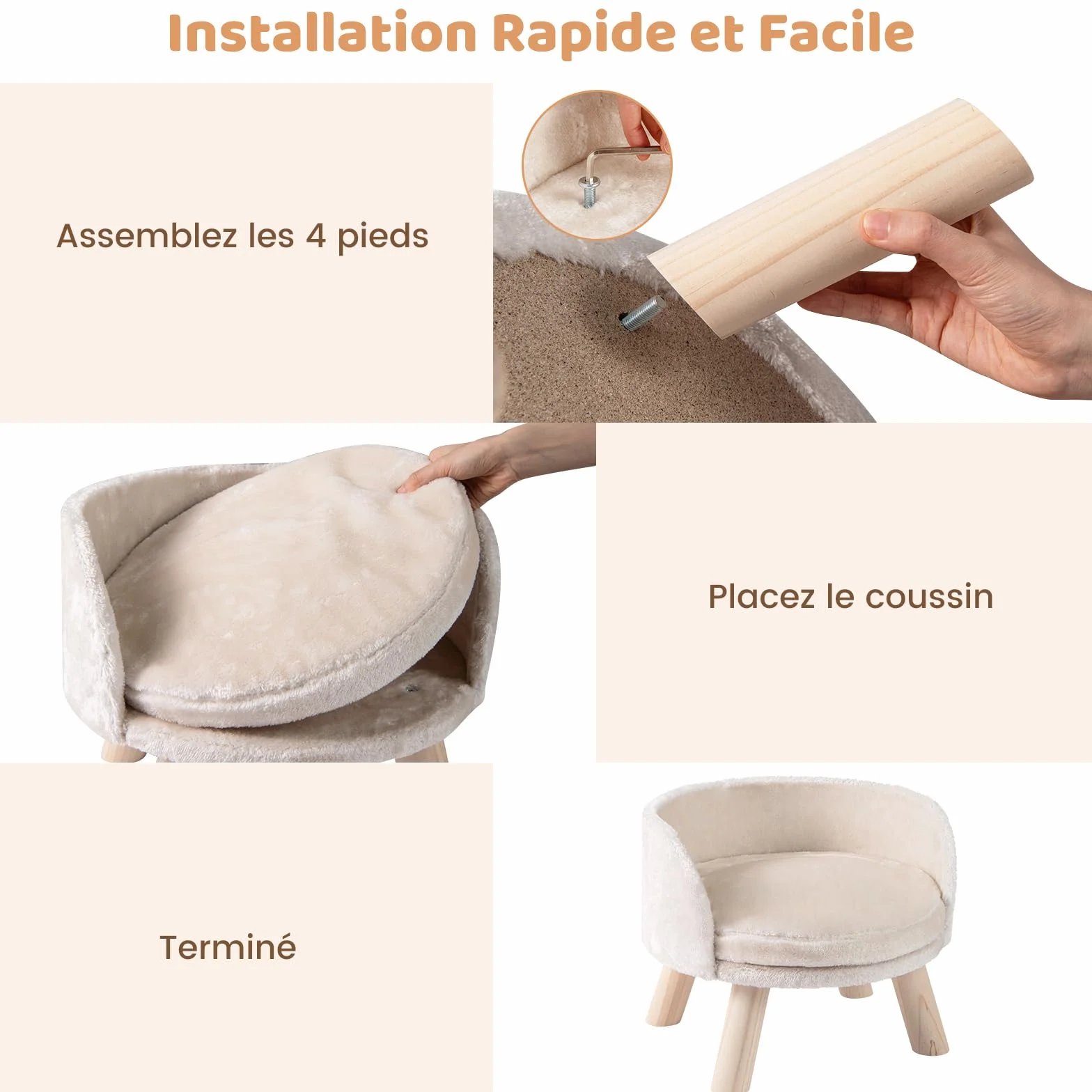 COSTWAY Canapé Lit pour Chien Chat 30 kg, Coussin Amovible, Bois de Pin, 42 x 42 x 33 cm, Beige