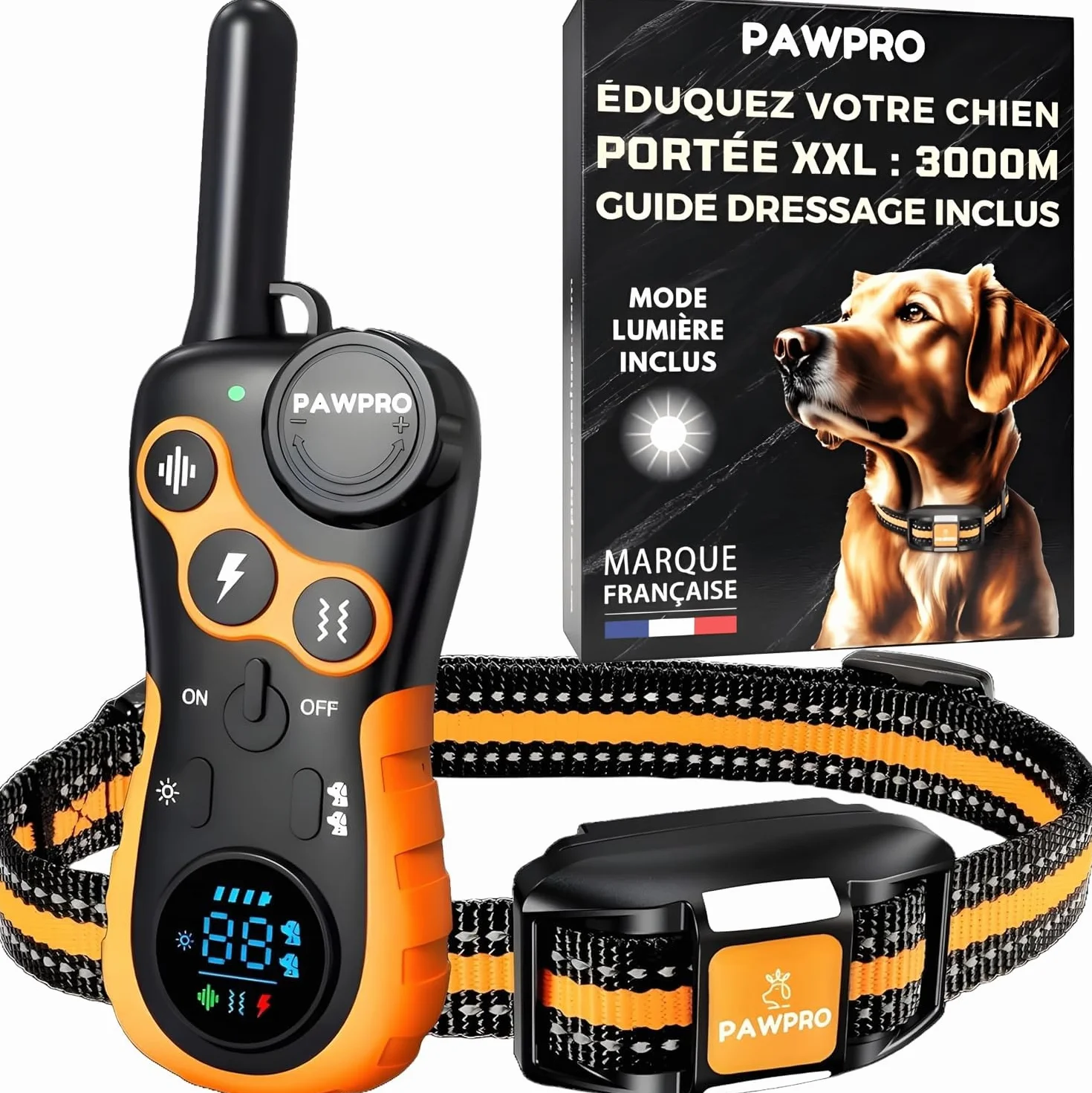 Collier de Dressage PAWPRO, Portée 3km, Mode Lumière Nocturne, 124 Niveaux, BIP Vibration Choc, Étanche Rechargeable