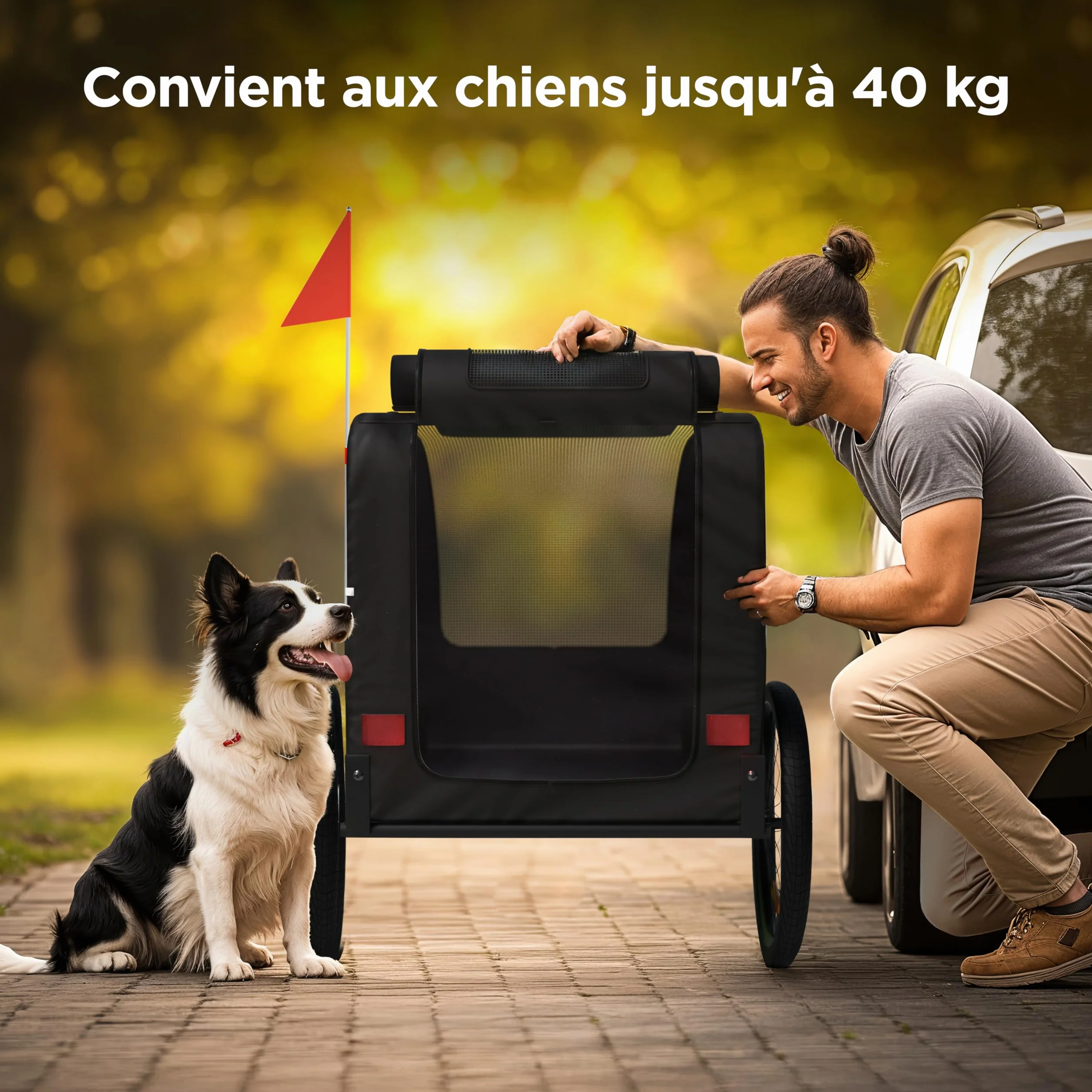 Remorque Velo Chien – Chariot Pliable avec attelage et réflecteurs – Carriole étanche Jusqu’à 40 kg – Compatible avec vélos électriques – Noir