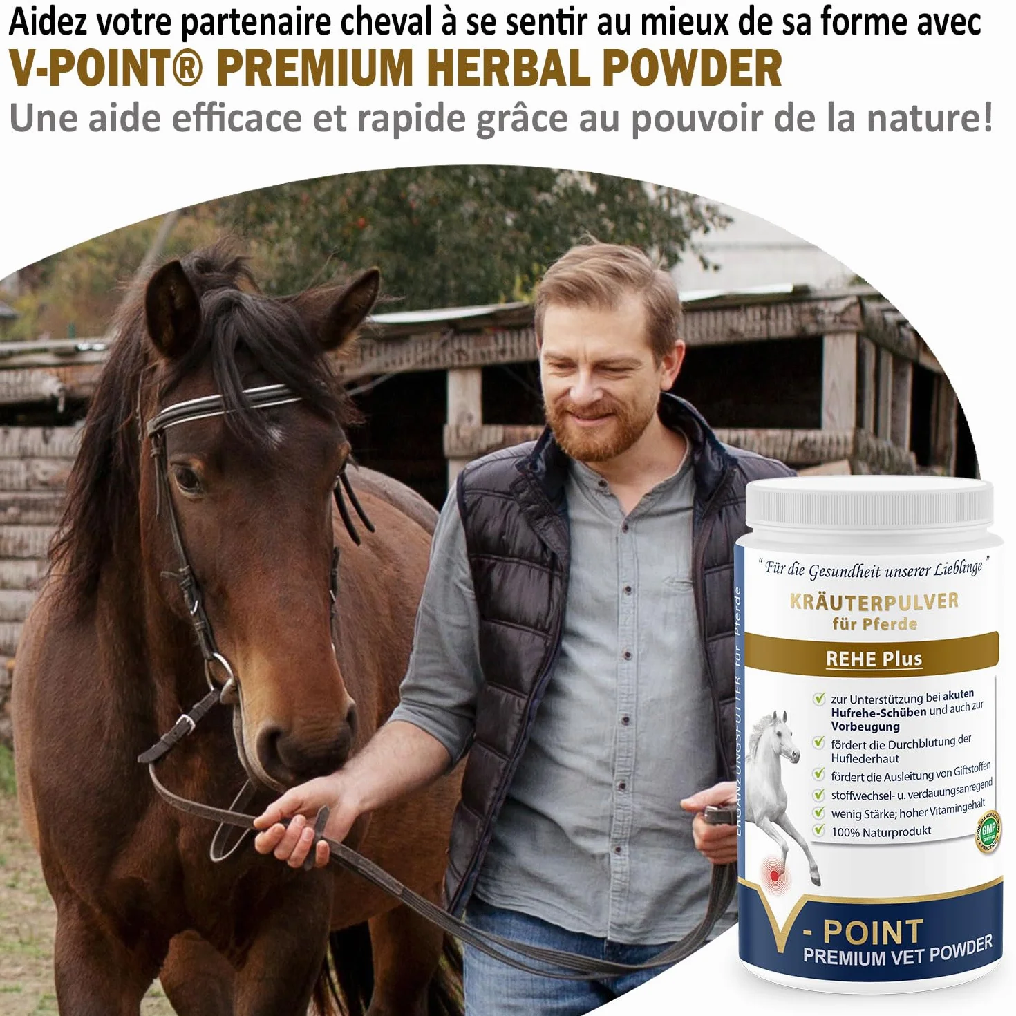 V-POINT REHE Plus poudre pour crises de fourbure aiguës prévention irrigation sanguine sabot cynorrhodon chardon-marie spiruline 450 g