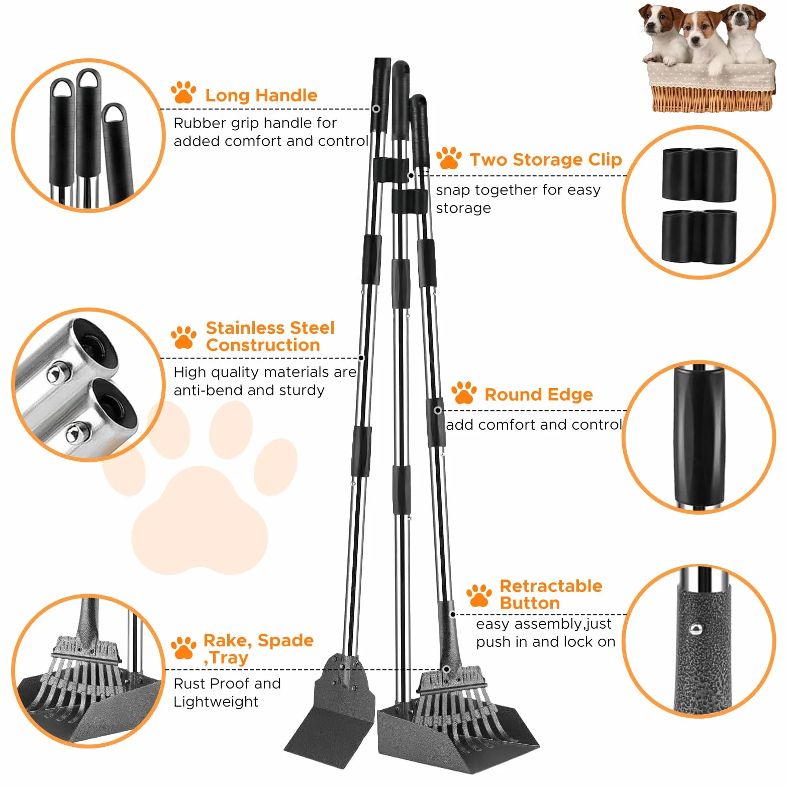 Pelle à Crotte pour Chien, Kit Pelle Ramasse Crotte pour Chien | et Râteau Métal, Pelle à Crottes à Manche Long Réglable, Lot de 3 Pelle à déjections Canines et Râteau en Métal, 96cm de long