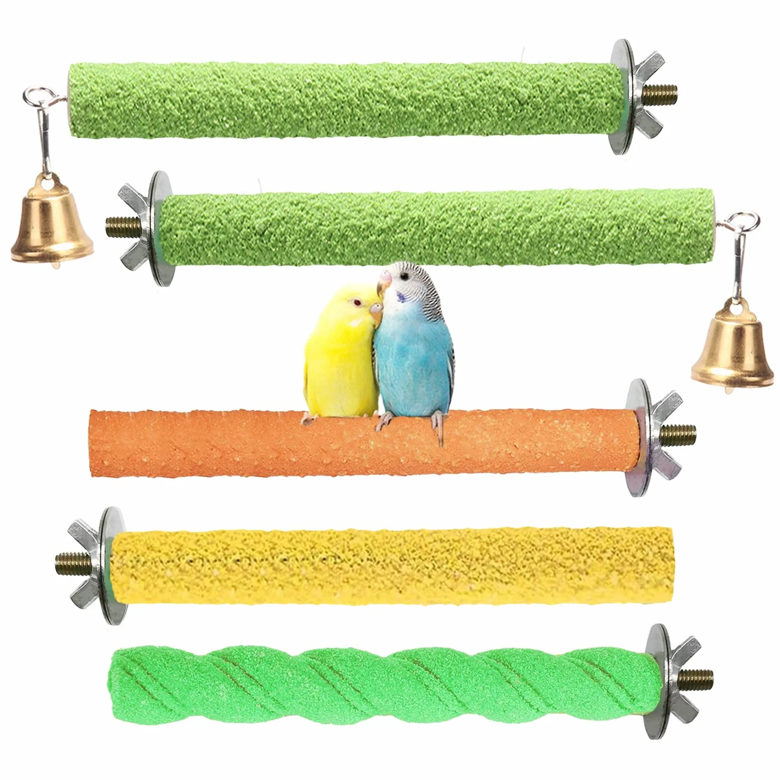 Perchoirs en Bois pour Cage à Oiseaux Jouets Bâtons de Broyage Coloré pour Perroquets Petite et Moyenne Taille 5 PCS