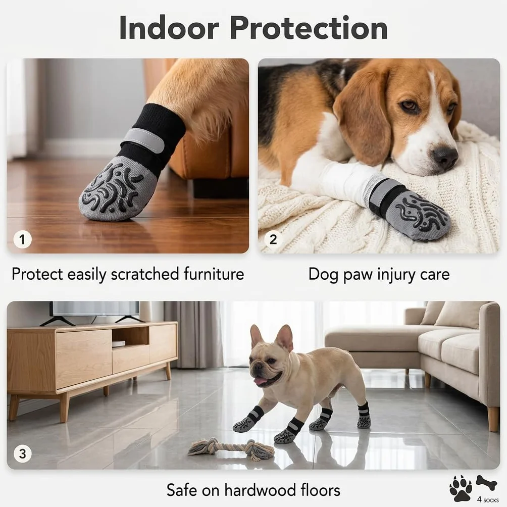 Chaussettes Antidérapantes pour Chien 2 Paires, Protège-Pattes Réglables avec Motifs en Silicone