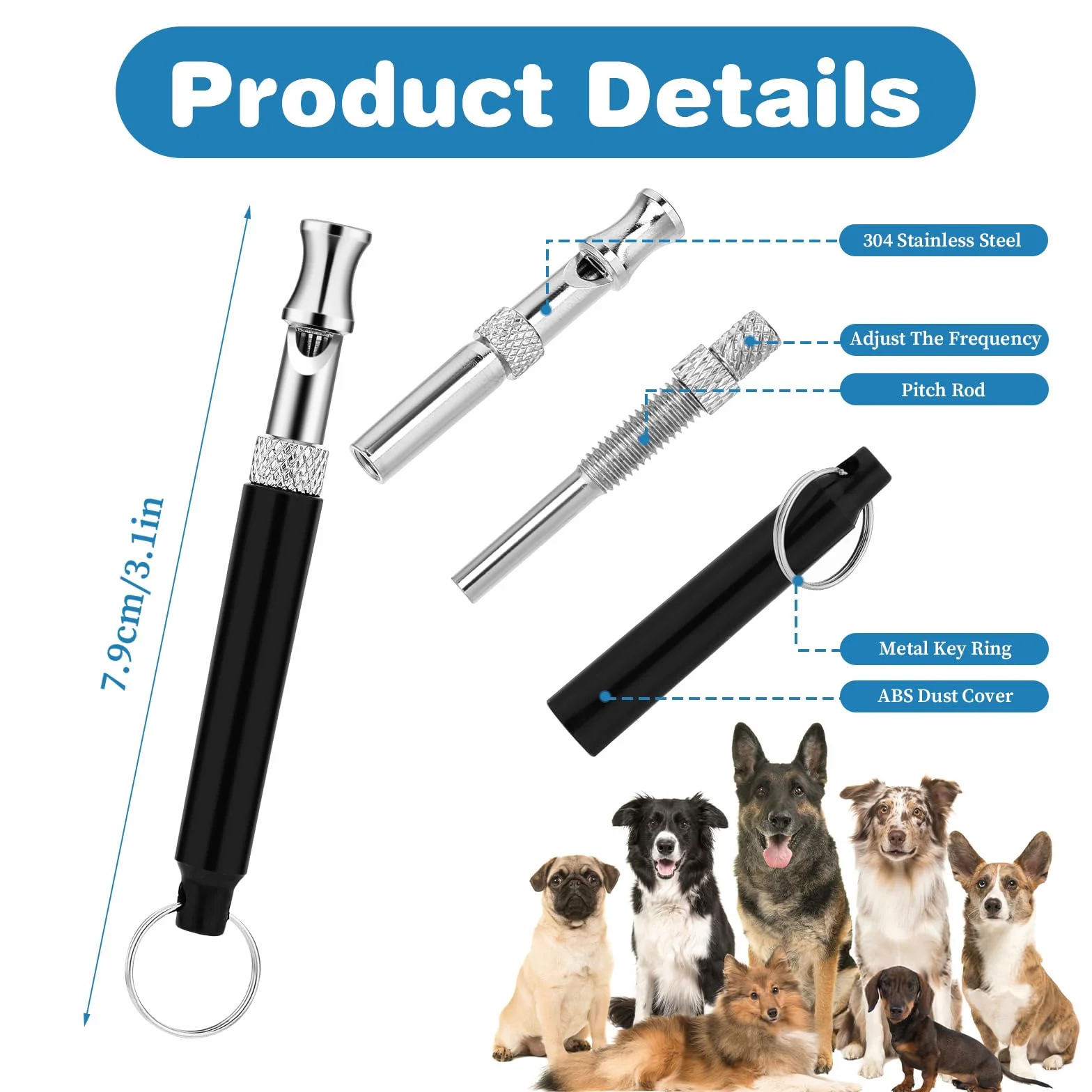 Sifflets professionnels anti-aboiement pour dressage de chiens avec cordon, réglables noir et blanc, lot de 2