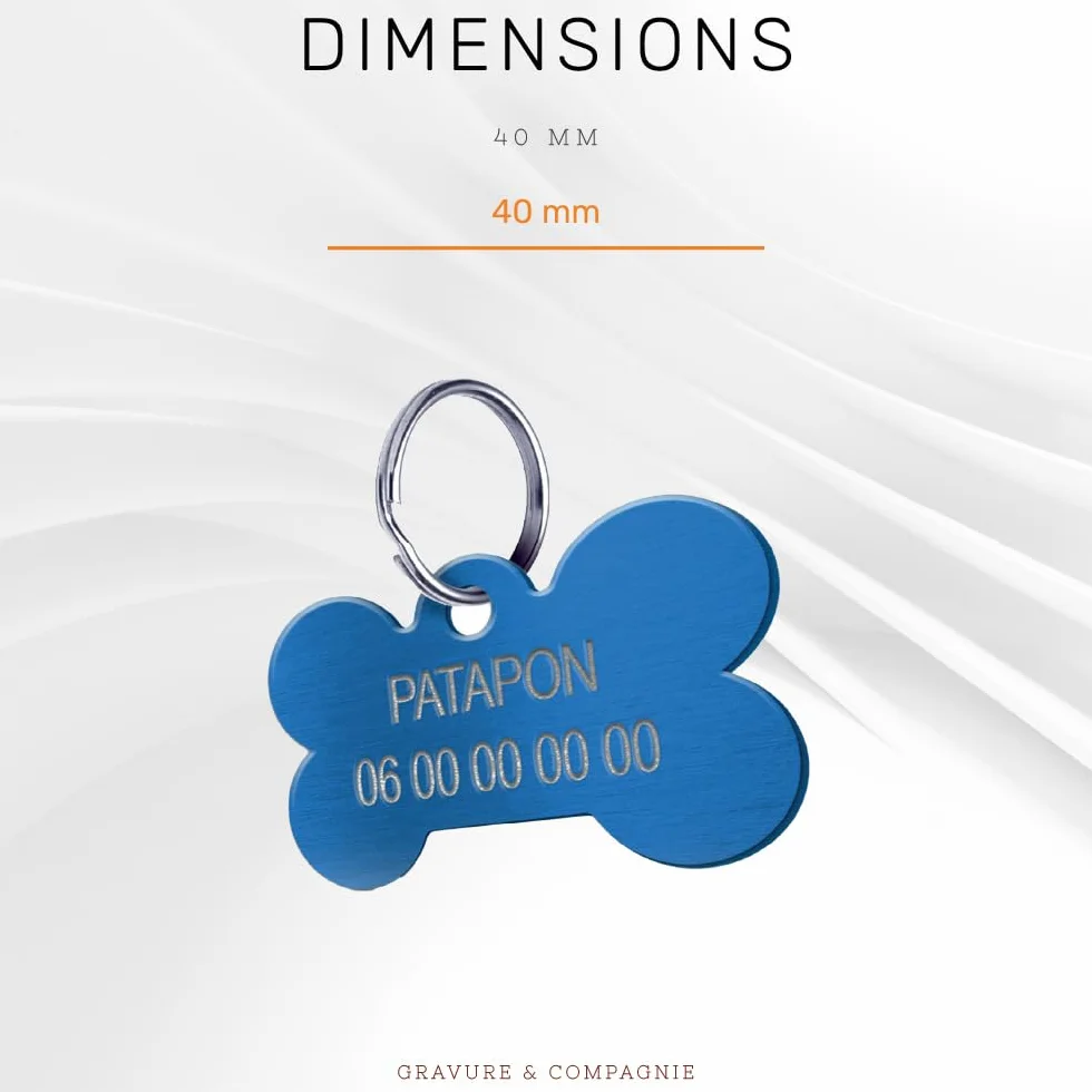 Médaille Gravée pour Chien et Chat – Médaillon d’Identification Personnalisé 3 Lignes Aluminium Anodisé – Gravure Recto Verso avec Nom (Grand Os-40 mm, Bleu)