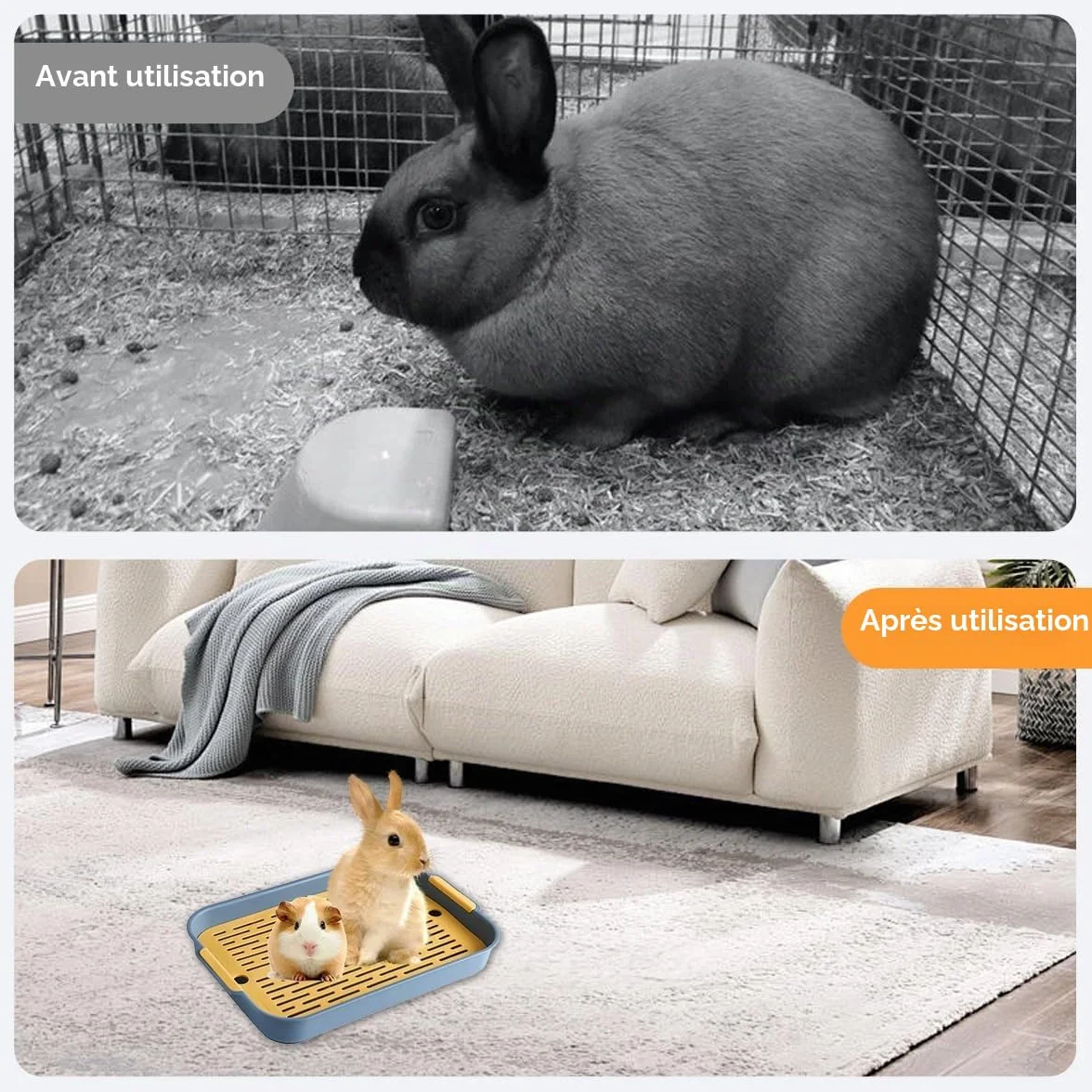 Bac Litière Rectangle pour Lapin, Hamster, Cochon d'Inde 27x18.5x4 cm Plateau avec Grille