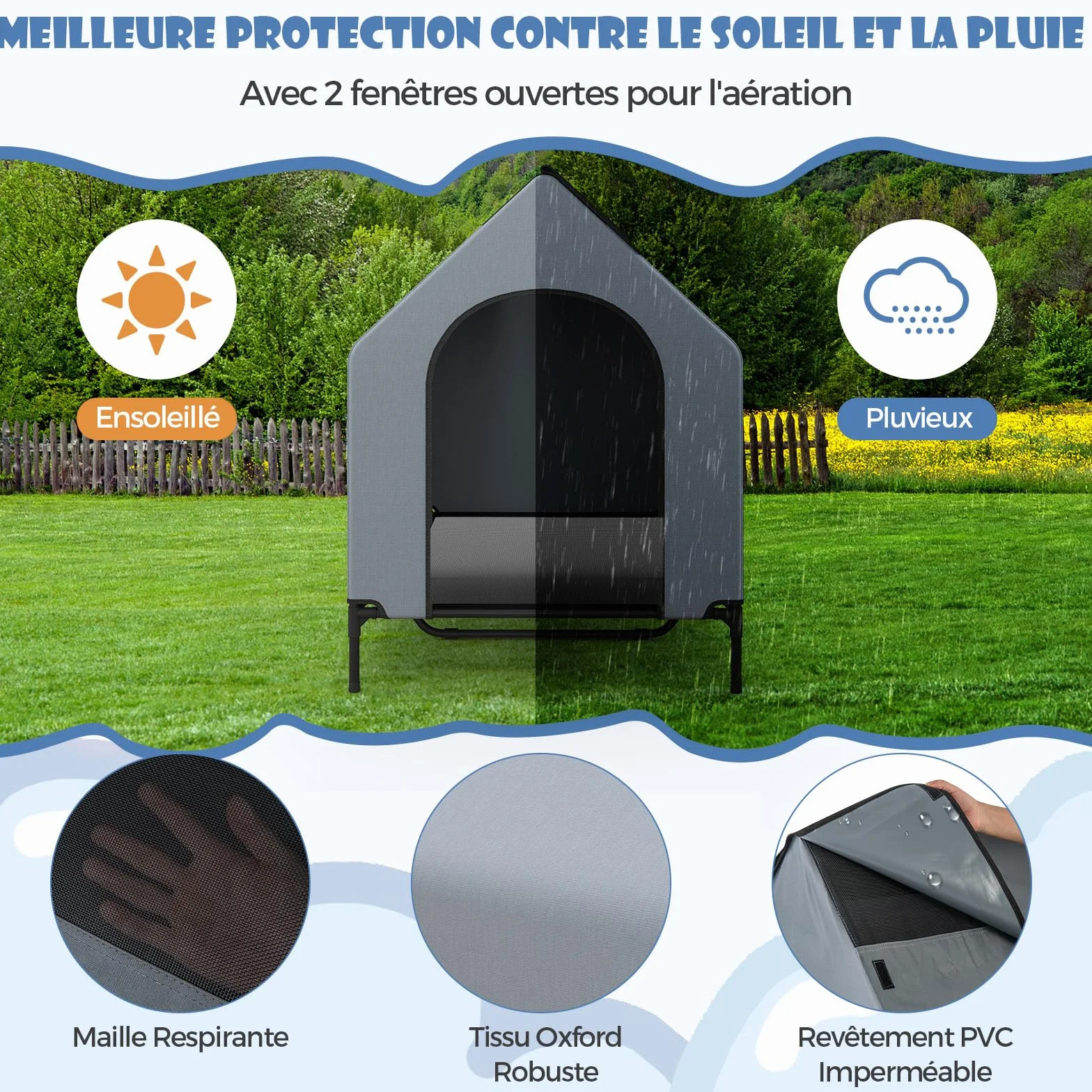 COSTWAY Chenil pour Chien 2 en 1 75x110x106 cm Tissu Oxford Fenêtre Ventilée Housse Amovible Base Surélevée 40 kg