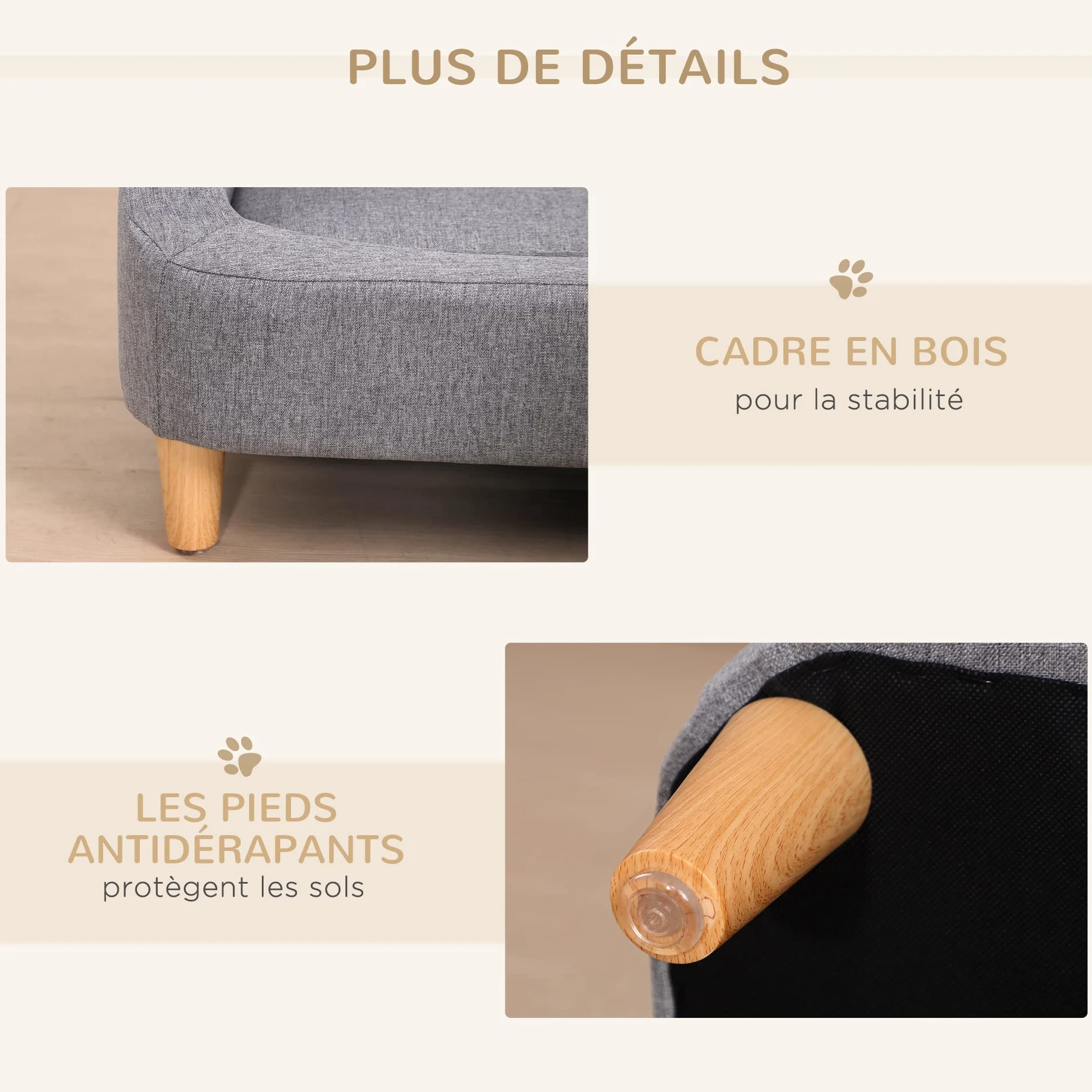 PawHut Canapé pour Chien lit pour Chien Style scandinave Pieds en Bois Tissu déhoussable 75 x 55 x 39 cm - Gris