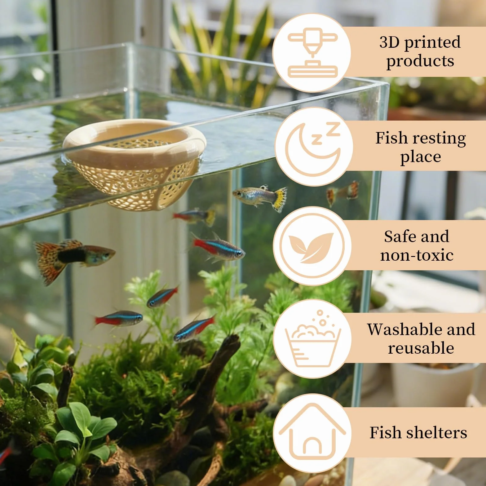 Cachette Flottante pour Betta 7 x 4 cm Décor D’Aquarium Tunnel Hamac Poissons Repos Nourrir Jouer