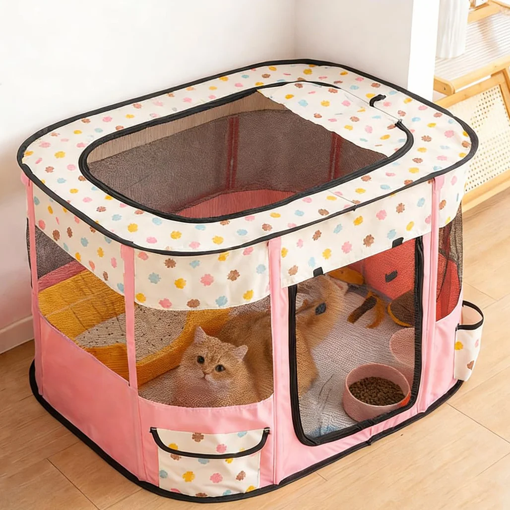 Niche Portable pour Animaux 80x60x55cm Pliable Rectangulaire avec Sac de Transport Rose
