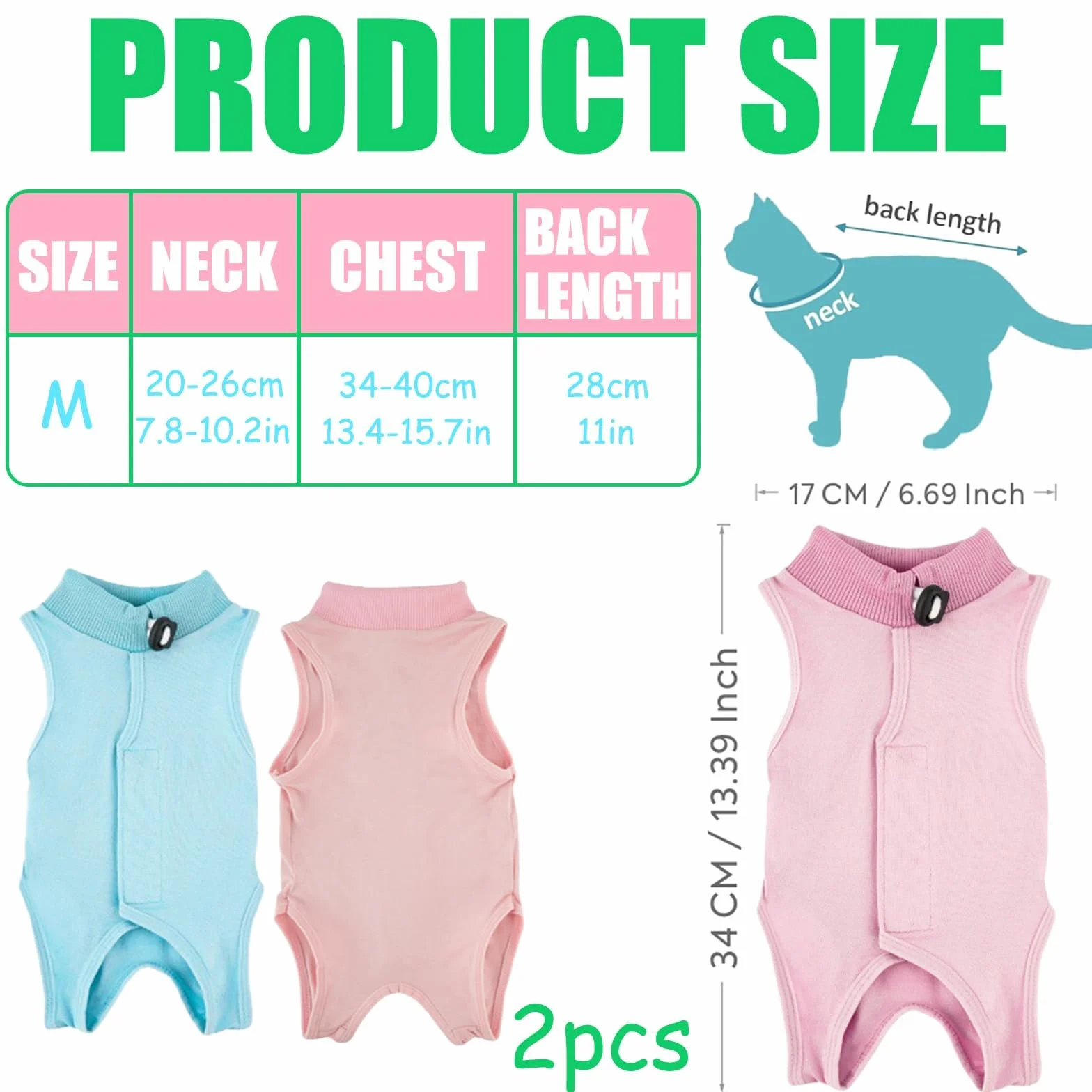 Combinaisons de Récupération pour Chat, Vêtement Post-Opératoire pour Chats Femelles, Tissu Modal Doux, Rose & Bleu, Taille M (2-4KG)