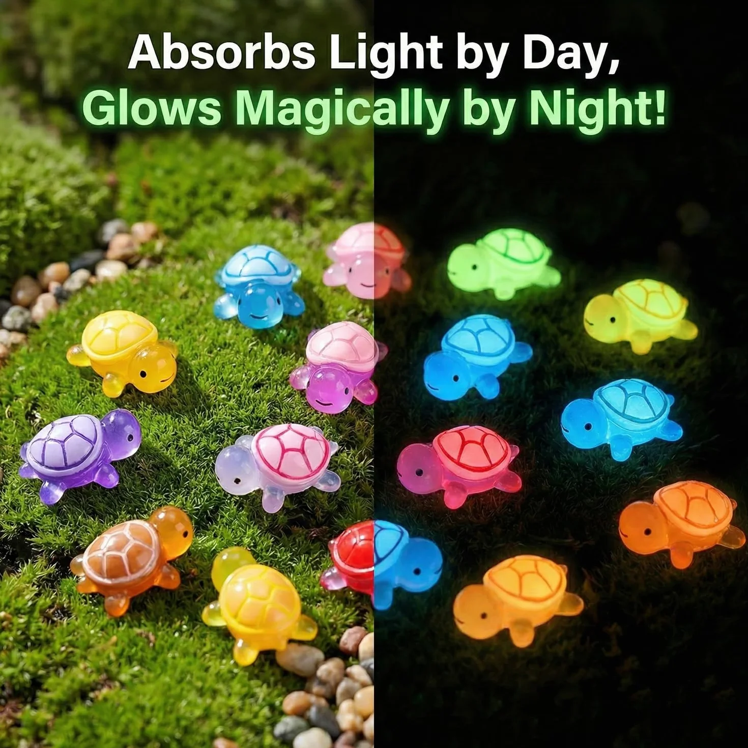 Famille de tortues lumineuses XXL 17 cm 50 mini tortues phosphorescentes résine résistante aux intempéries