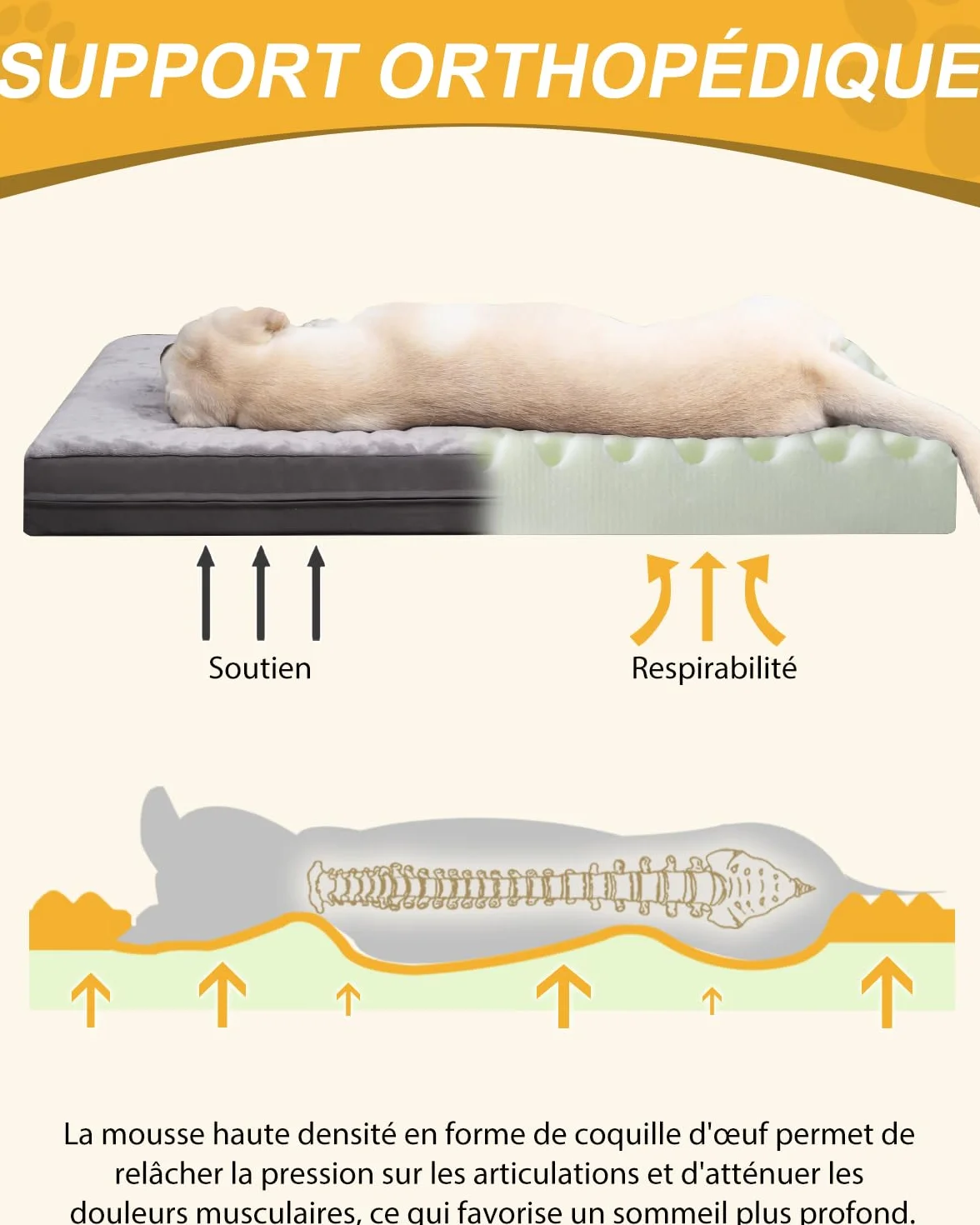 Panier Coussin Chien Dehoussable Lavable XL, Grande Taille Lit pour Chien Orthopédique, Tapis Matelas, Fond Antidérapant, Gris, 104x68x8cm