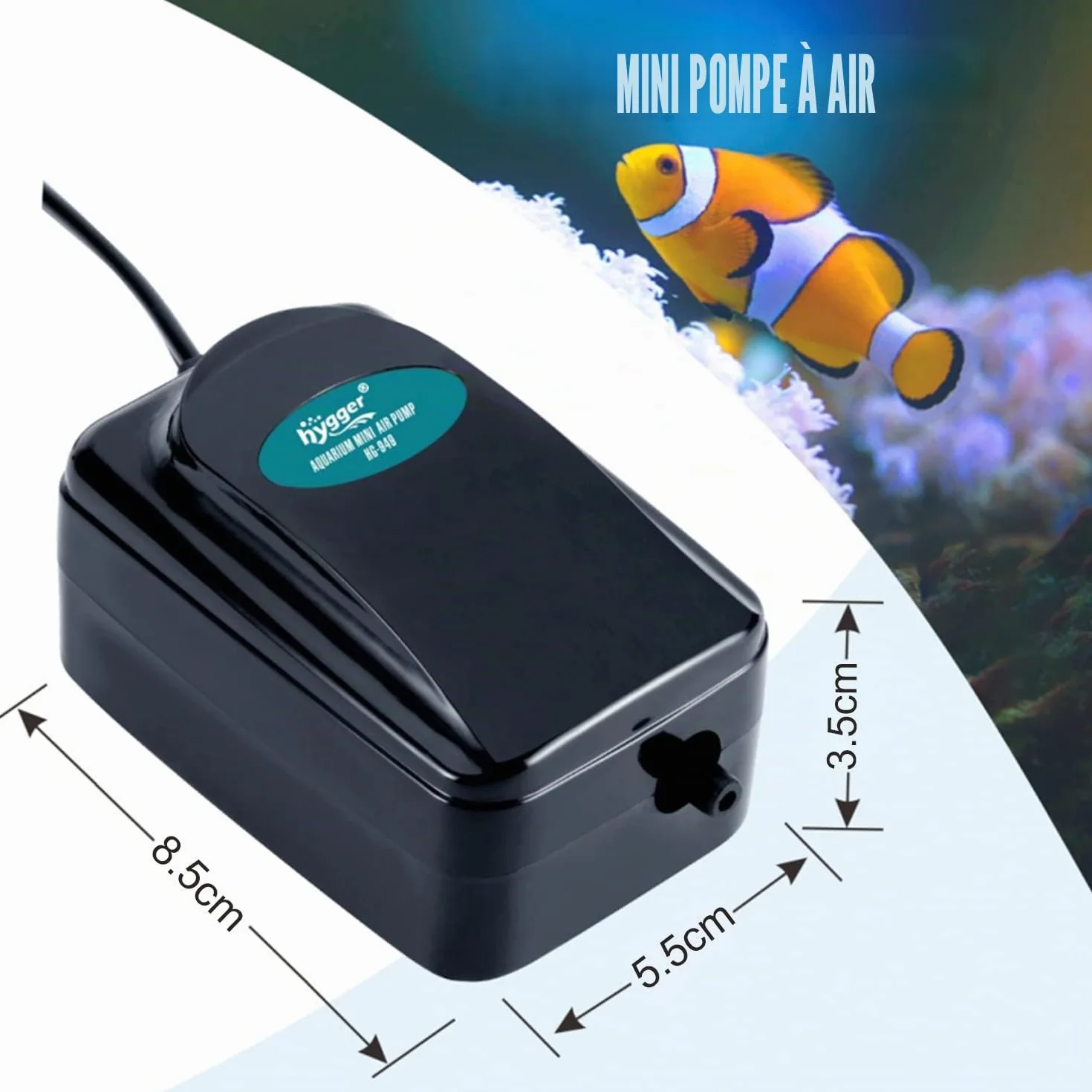 Hygger Pompe à Air Aquarium Silencieuse Réglable 1-75 L avec Tuyau et Pierre à Gazéifier 1W