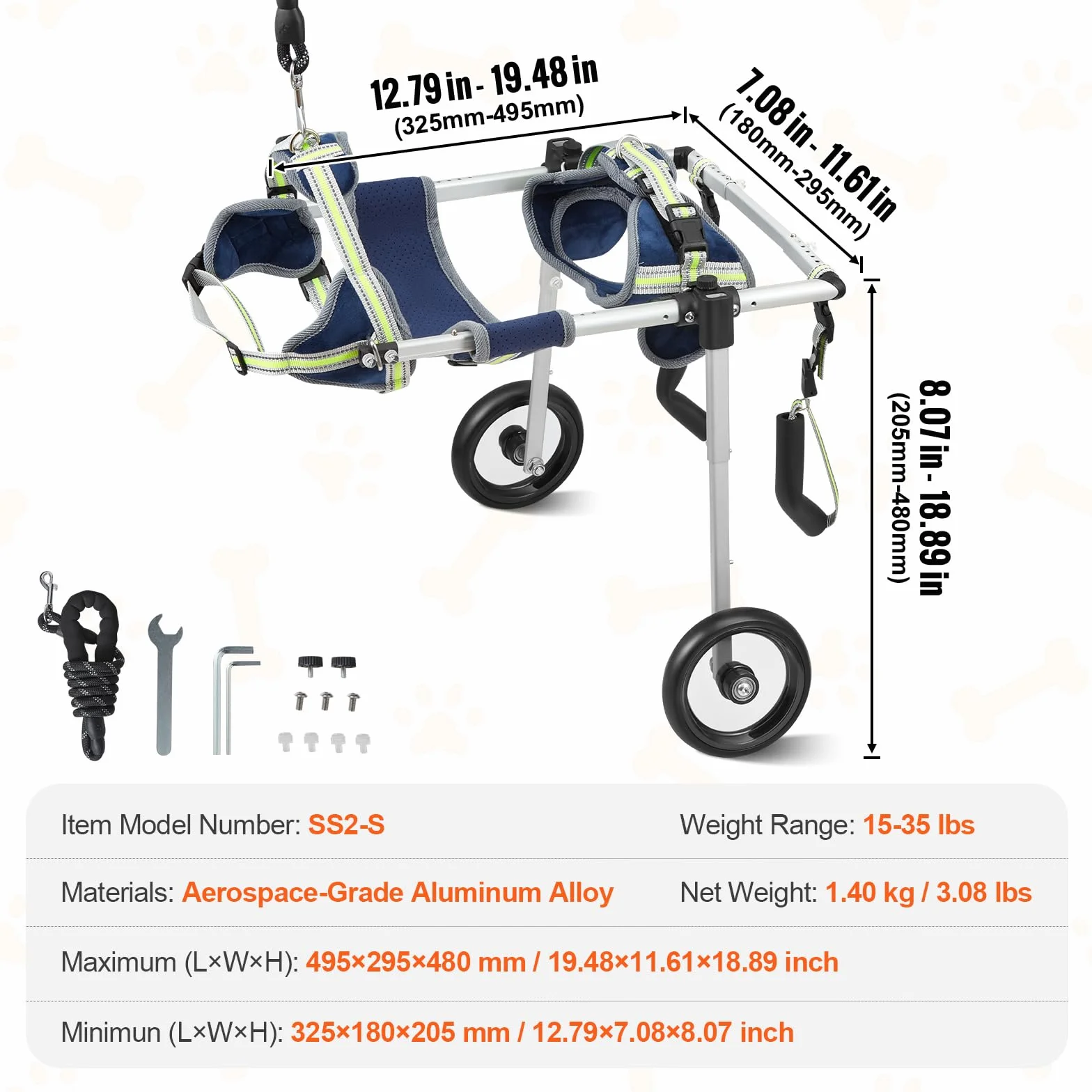 VEVOR Fauteuil Roulant pour Chien 2 Roues pour Pattes arrières, Fauteuil Roulant pour Animaux de Compagnie léger et réglable
