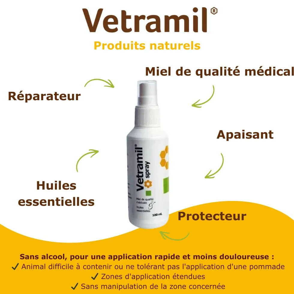 Anidev Vetramil Spray Naturel Protecteur Multi espèces Peaux fragilisées Animaux Miel de qualité médicale huiles essentielles Effet apaisant Protecteur Flacon 100 ML