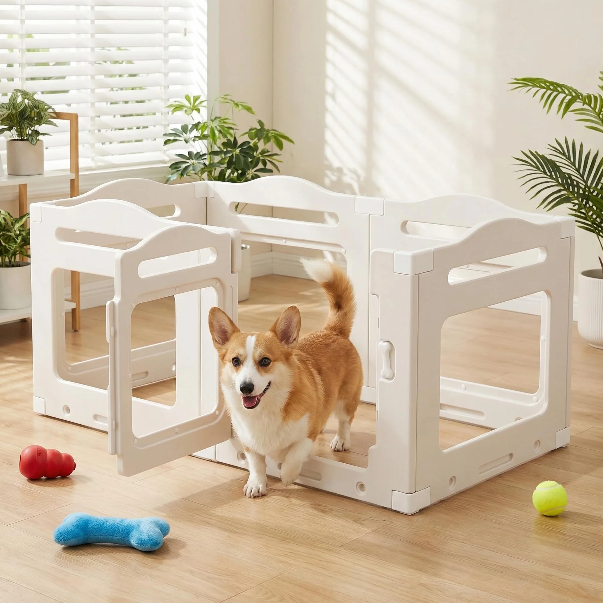 Clevich Enclos pour Chien en Acrylique 129 × 68 × 60 cm, 5+1 Panneaux avec Porte à Verrou, Pliable, Blanc