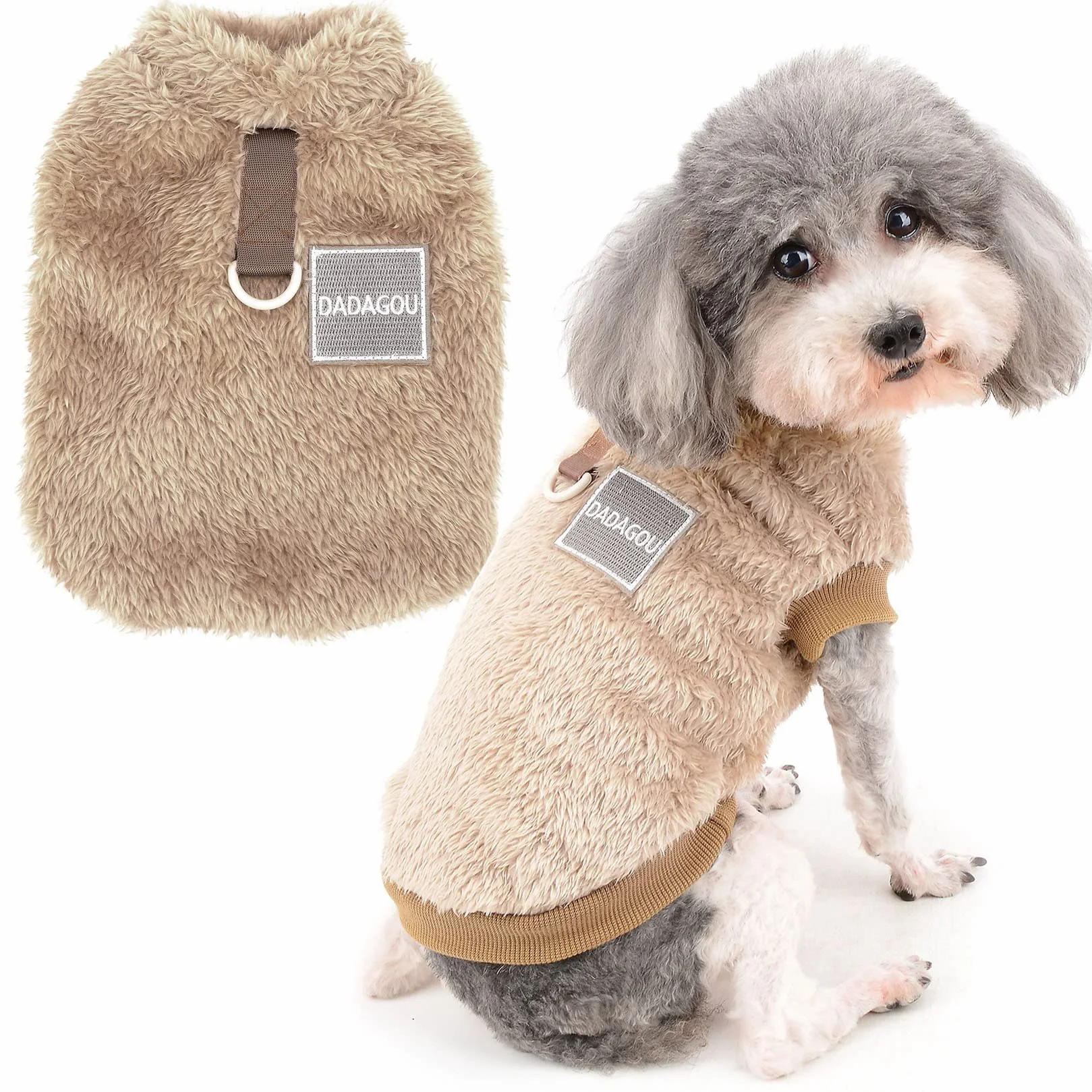 Manteau d'hiver chaud en polaire pour petit chien avec anneau en D pour harnais et laisse Chihuahua Yorkshire Marron S