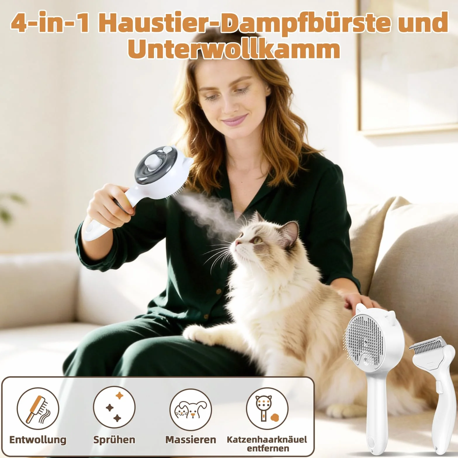 Brosse à chat à vapeur 2 en 1 Retire-Underpoil, USB rechargeable, Grand réservoir, Chiens & chats poils longs/courts