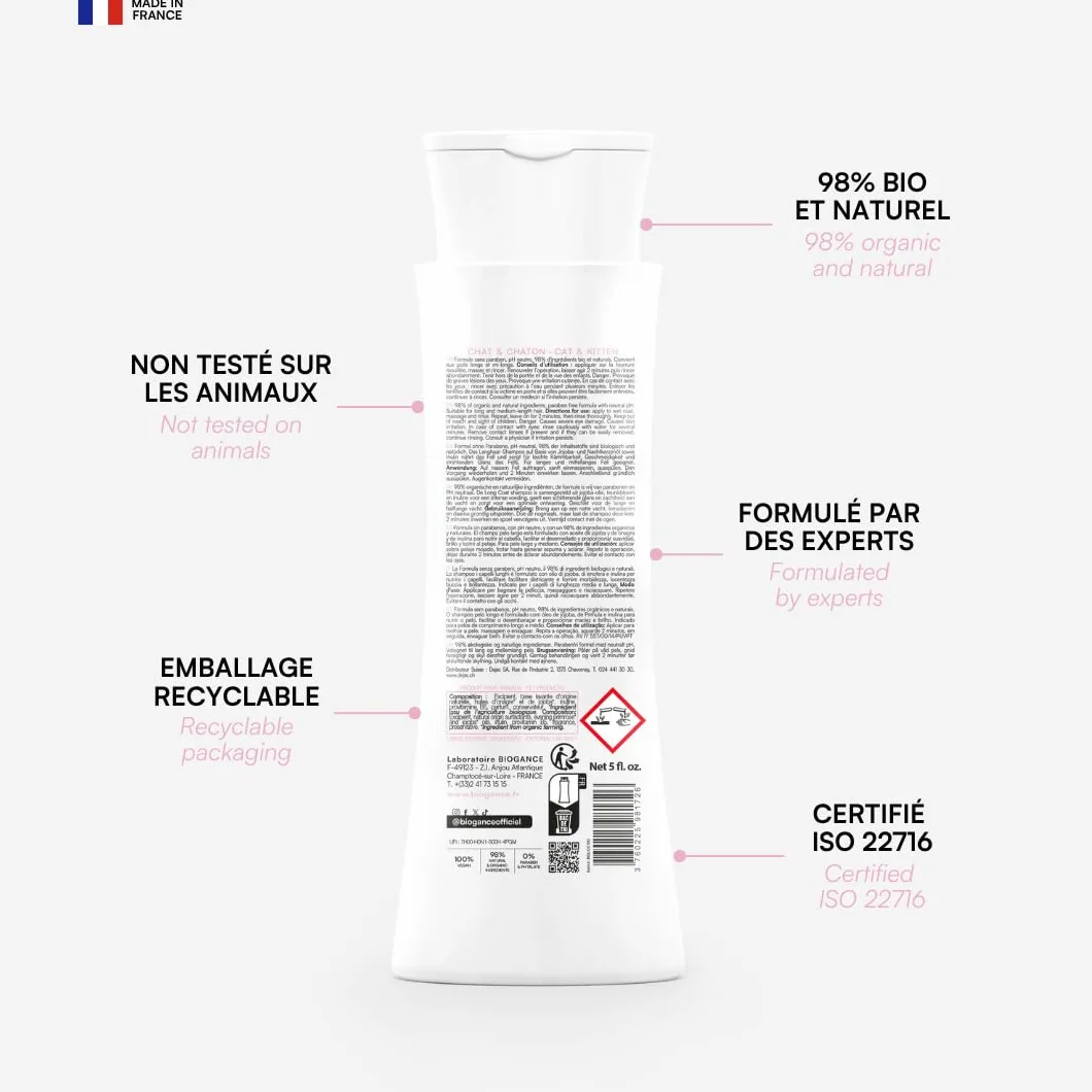 Biogance Shampooing Poils Longs 150 ML pour Chat Huile de Jojoba