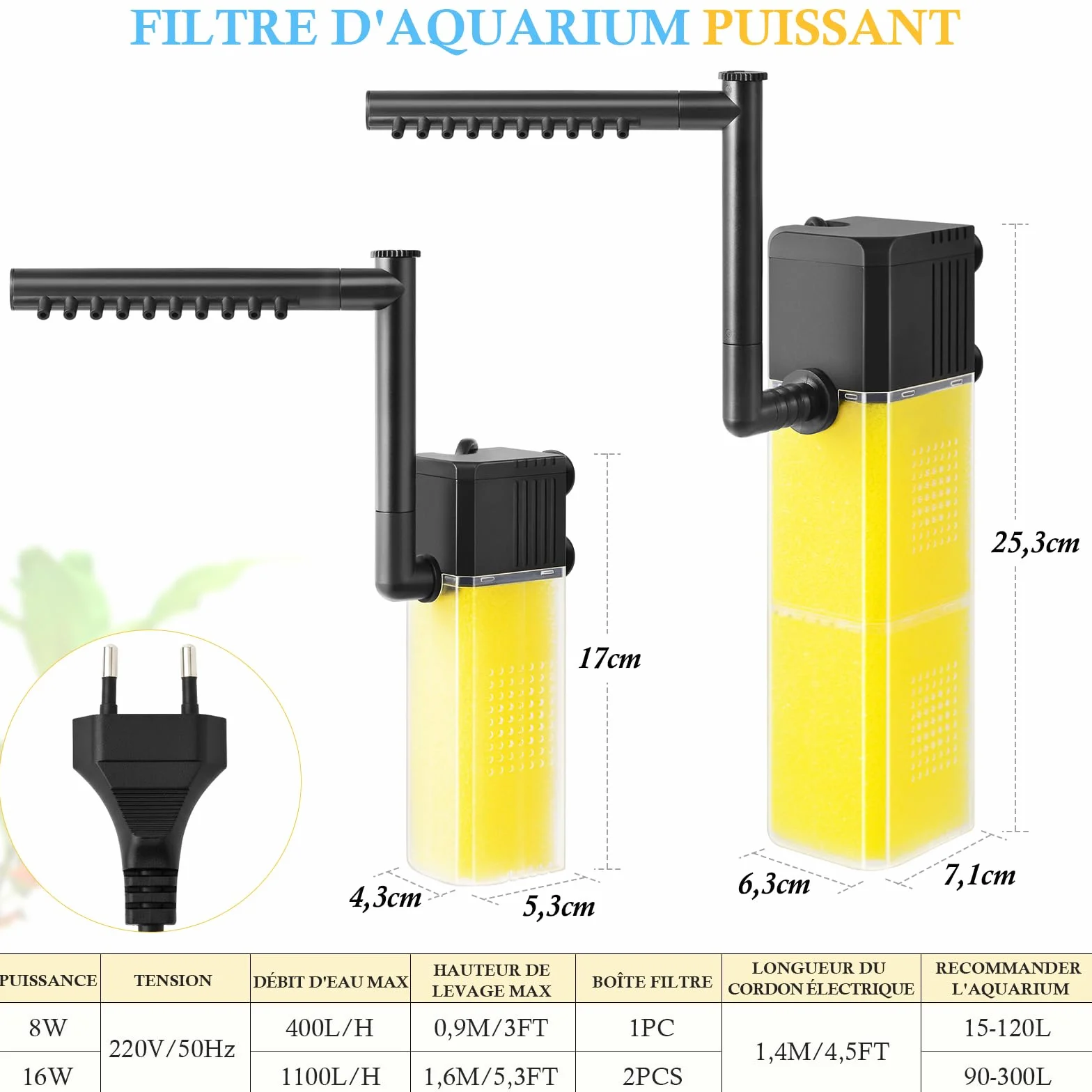 FEDOUR Filtre Immersible pour Aquarium 8W 16W Silencieux avec Barre de Pulvérisation 15-300L