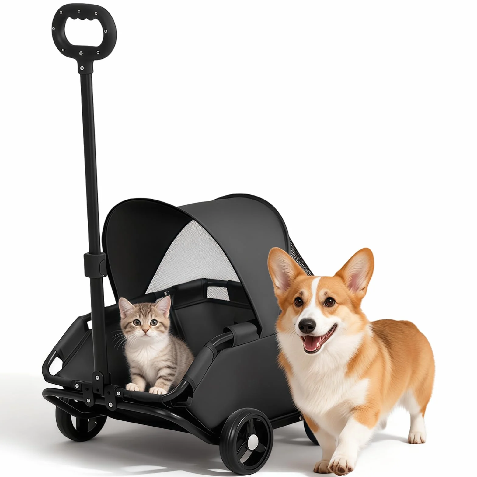 Chariot Pliable pour Chien 4 Roues avec Barre Pivotante 360° Poussette pour Chat Visière Solaire Tissu Oxford 600D Noir