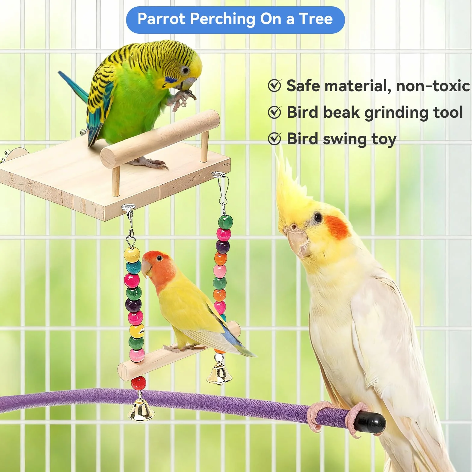 Perchoir Perroquet en Bois ZhouWei, Jouet Oiseaux avec Balançoire pour Cage, Accessoire Calopsittes Inséparables Canaris