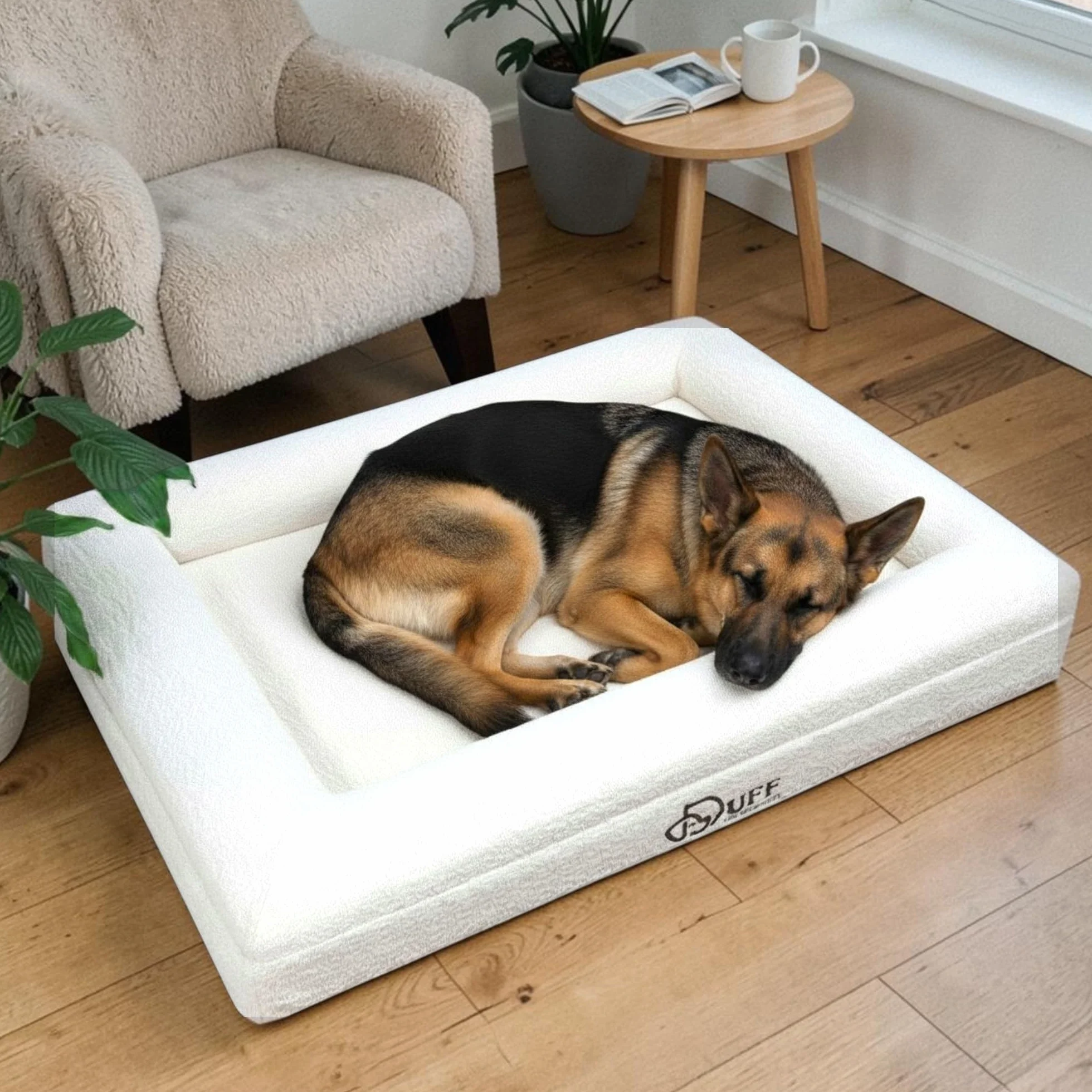Duff® Lit Orthopédique Chien Grande Taille L (115x90 cm) – Matelas Mémoire de Forme Haute Densité – Tissu Bouclette Premium, Housse Lavable – Confort Durable & Élégant