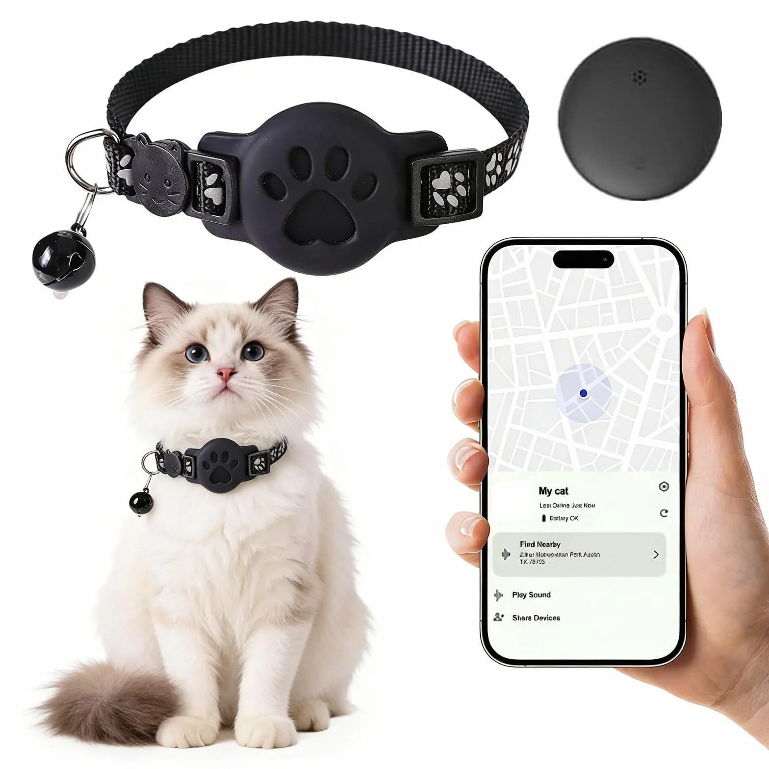 Collier GPS Chat Traceur Bluetooth Compatible Deux Systèmes Sans Abonnement Étanche Léger Réfléchissant Réglable Amovible 19-32 cm