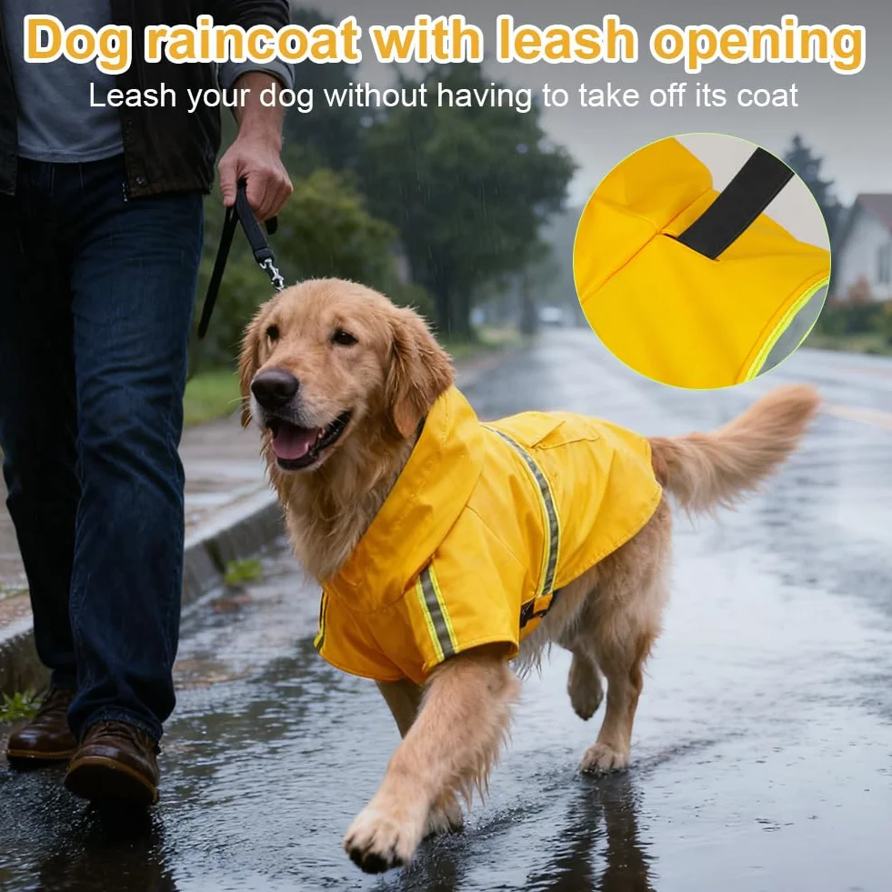 OSDUE Imperméable Chiens, Manteau de Pluie Réglable avec Capuchon et Réfléchissantes Manteaux Imperméables Légers & Confortables 100% Étanche et Aéré pour Petits, Moyens et Grands Chiens(Jaune, 3XL)