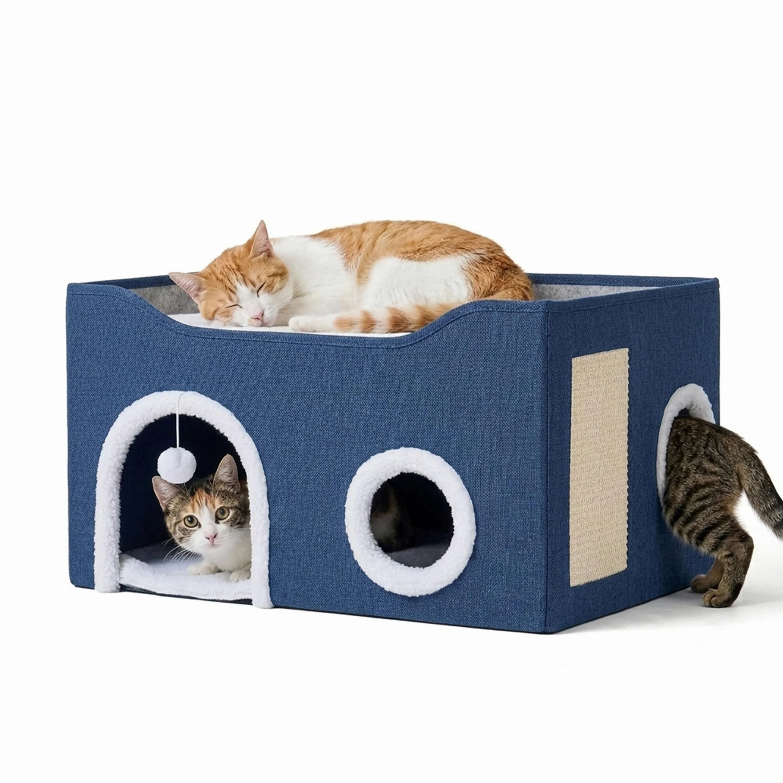 Grotte pour Chat Relaxdays, H x L x P : 34 x 60 x 40 cm, griffoir, Balle, 2 Coussins, Pliable, Bleue