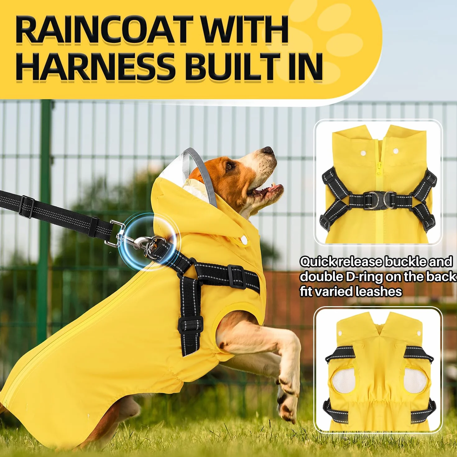SlowTon Imperméable pour Chien - Manteau de Pluie pour Chien avec Harnais de Poitrine, Capuche Amovible, Veste de Pluie imperméable à Fermeture éclair, Poncho de Pluie pour Chien sans Manches avec