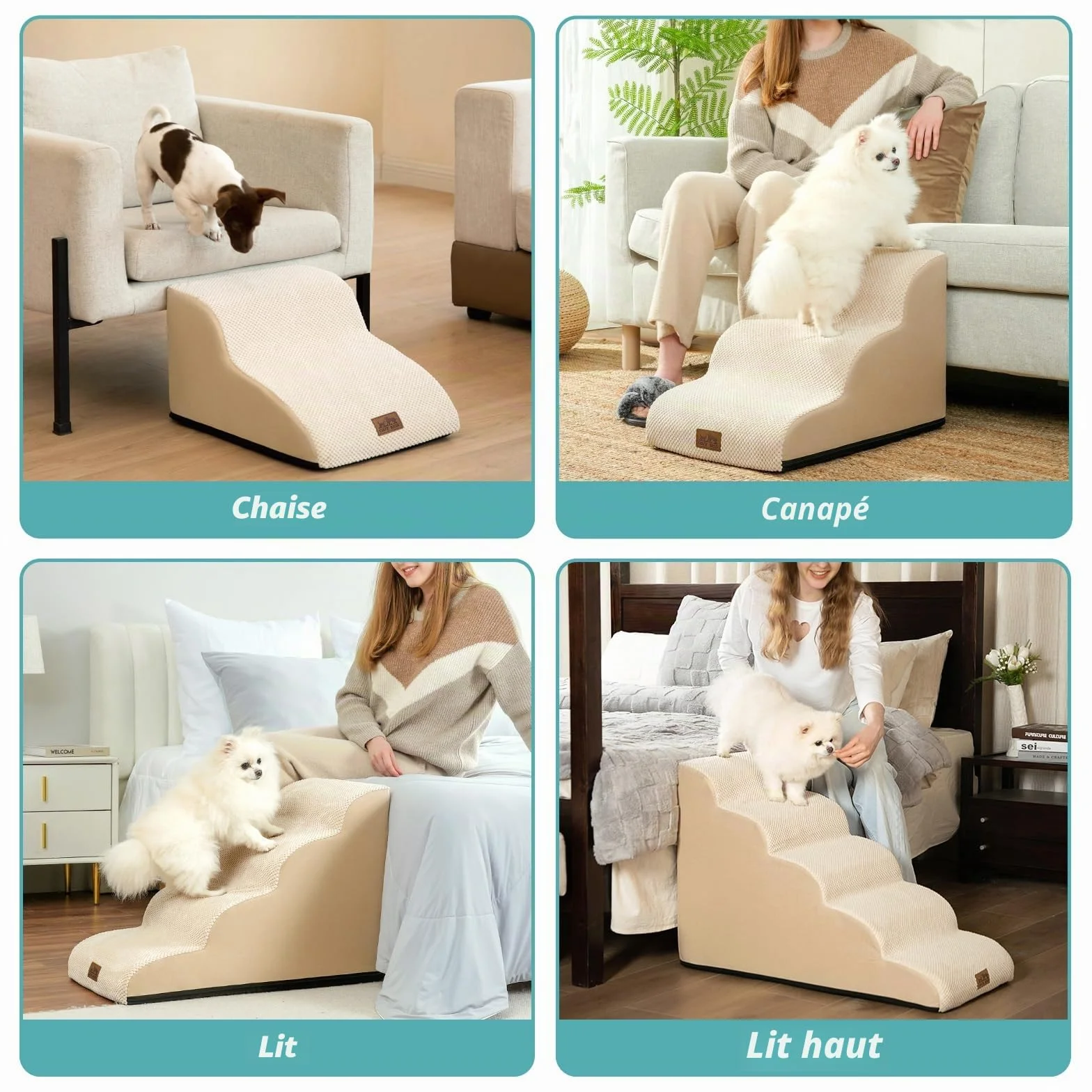 COZY KISS Escalier pour Chien avec Couvercle Amovible, Éponge, Beige, 40x57x40cm