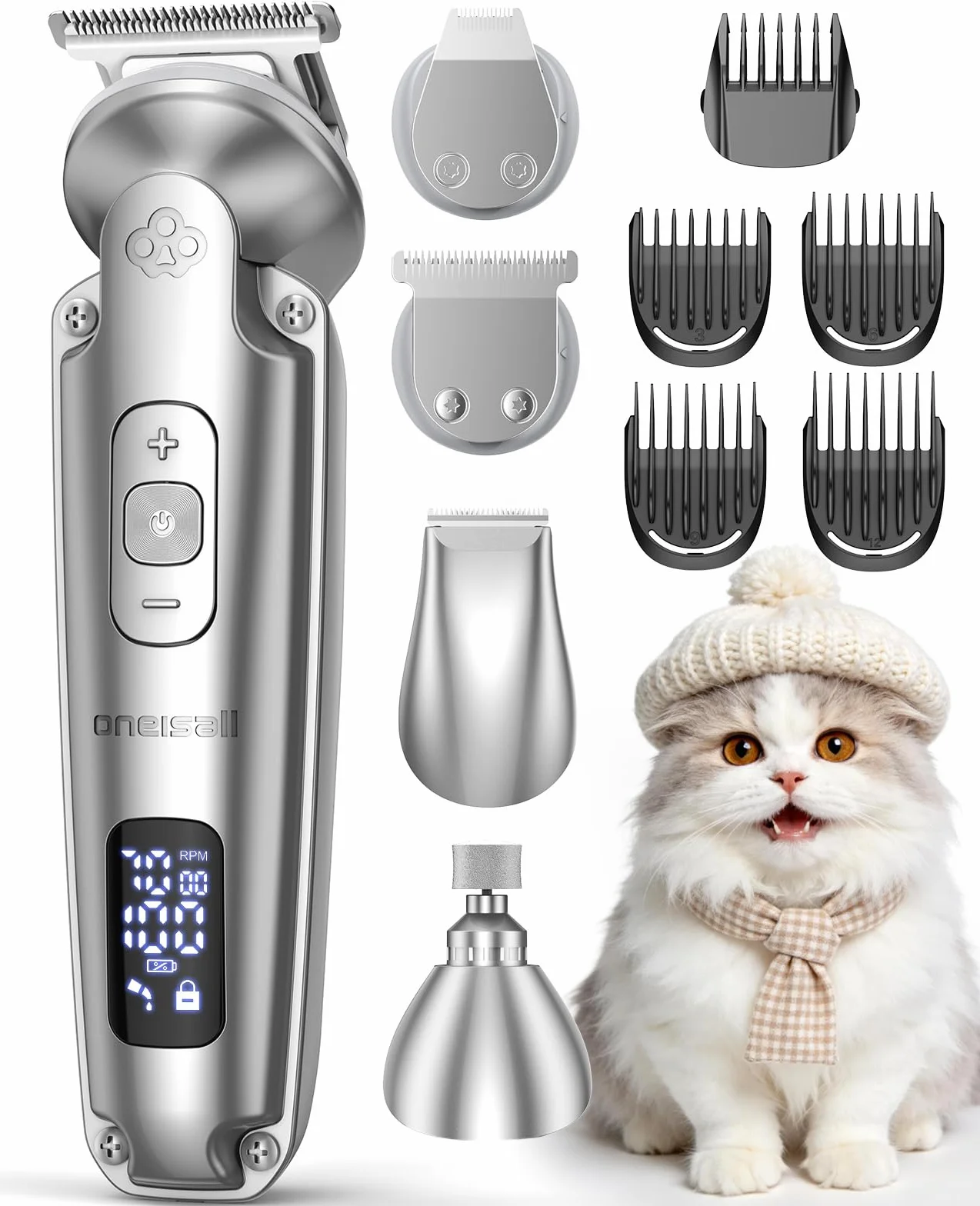 Oneisall 4-en-1 Tondeuse pour Chien Chat Professionnelle Sans Fil avec Affichage 2000mAh Argenté