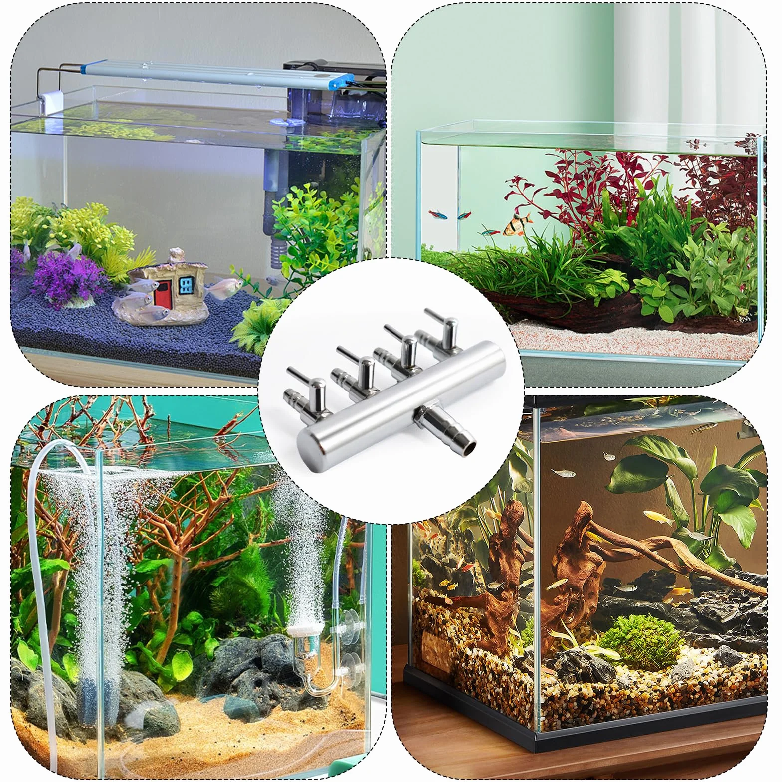 Distributeur d'air aquarium acier inoxydable entrée 8 mm sortie 4 mm régulateur flux clapet anti-retour réglable