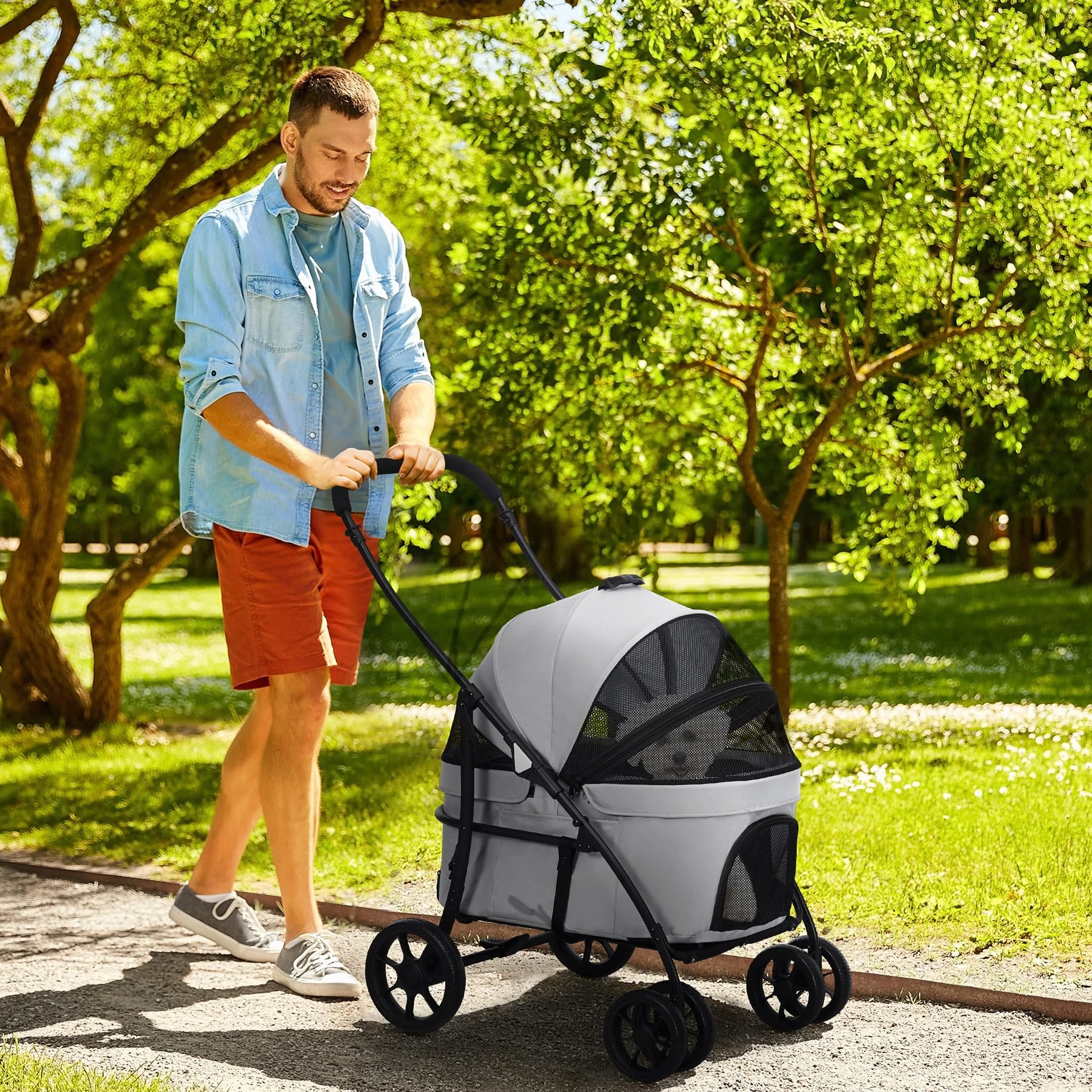 PawHut Poussette pour chien et chat 2 en 1 pliante chariot nacelle amovible 10 kg acier gris
