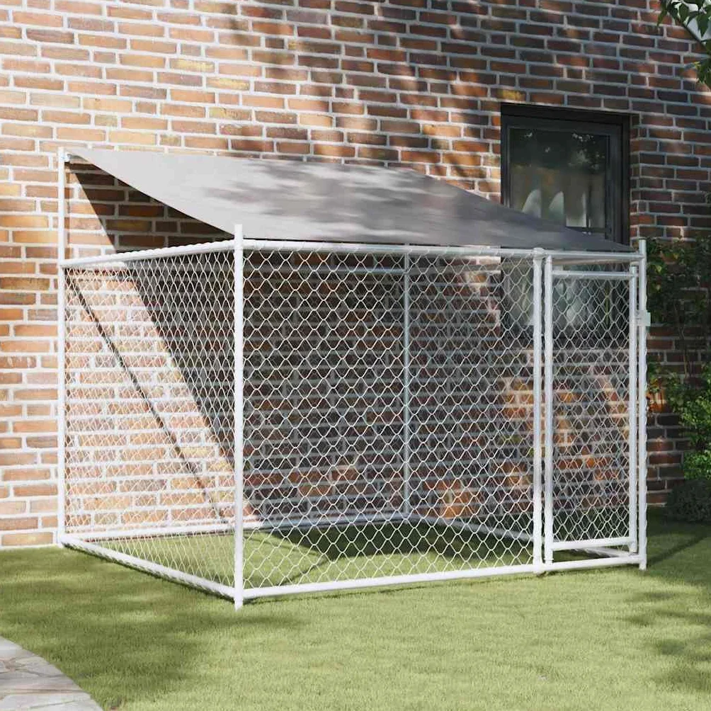 Chenil Extérieur avec Toit pour Chien, Cage Métal Acier Galvanisé Gris 2x2x2 m