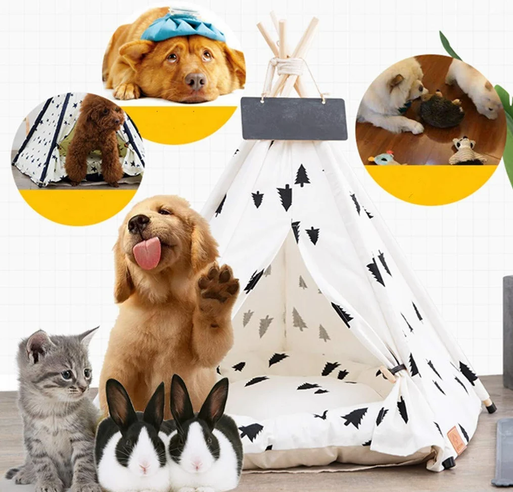 TentHome Tente Tipi pour Chiens Chiots Maison des Chats et Animaux de Compagnie Niche pour Chien Amovible et Lavable (sans Coussin), Pin Noir (L(7-15kg))