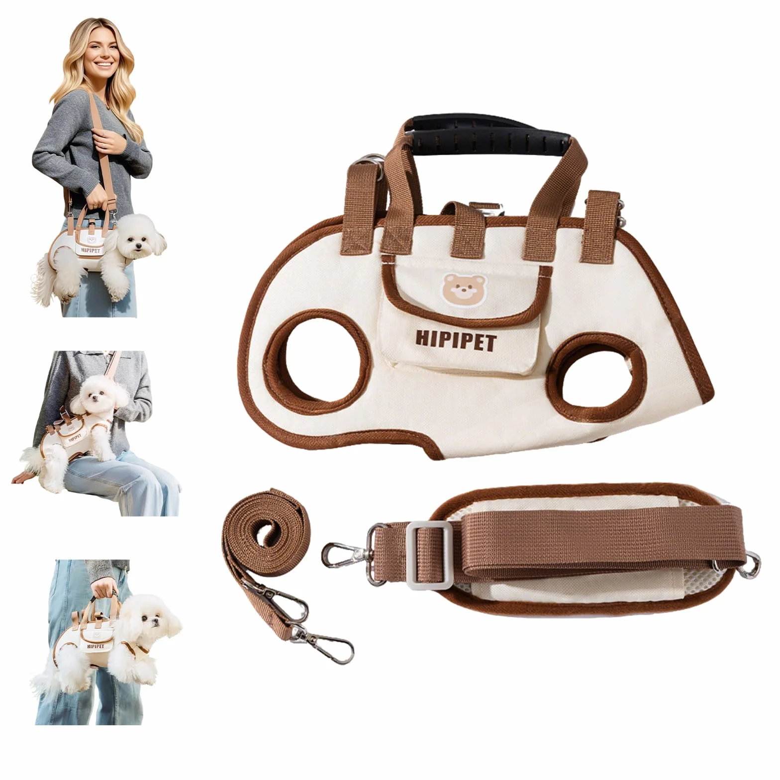 PETCUTE Sac à Bandoulière Mains Libres pour Chien, Sac de Transport avec Poche, Harnais Respirant Réglable pour Chat et Chiots