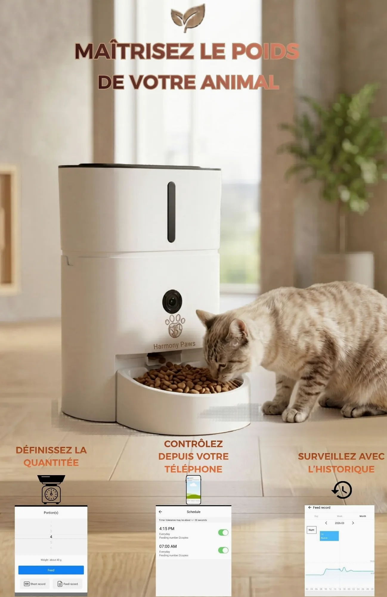 HarmonyPaws Distributeur de Croquette prenium Automatique connecté Smartlife WiFi avec caméra Haute définition à détecteur de Mouvement et Micro intégré
