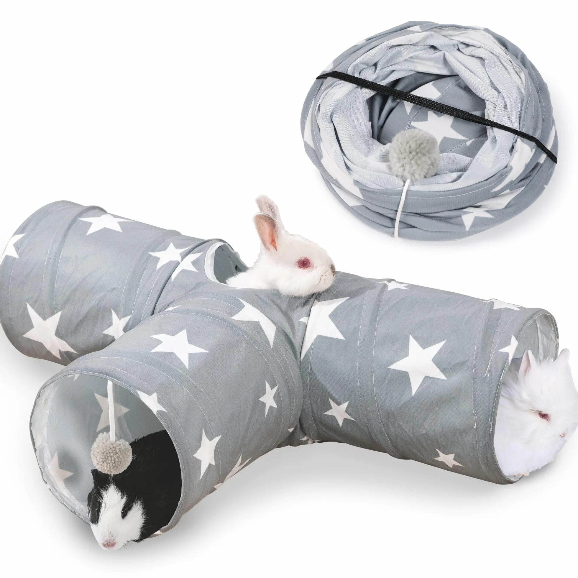 JanYoo Bunny Tunnel 3 voies pour lapin et cochon d'Inde - Tunnel de jeu pliable pour petits animaux - Jouet d'activité pour petits animaux