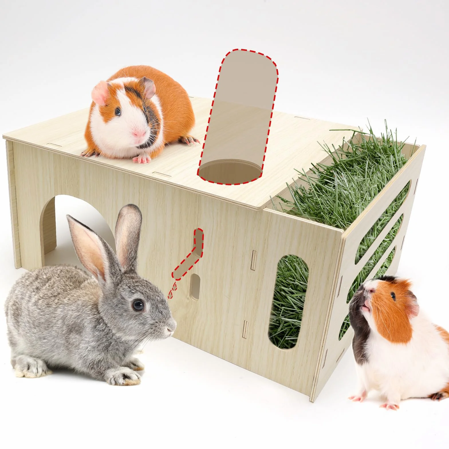 Maisonnette avec Mangeoire à Foin pour Lapin, 2 en 1 Cabane Cochon d'Inde en Bois pour Petits Animaux